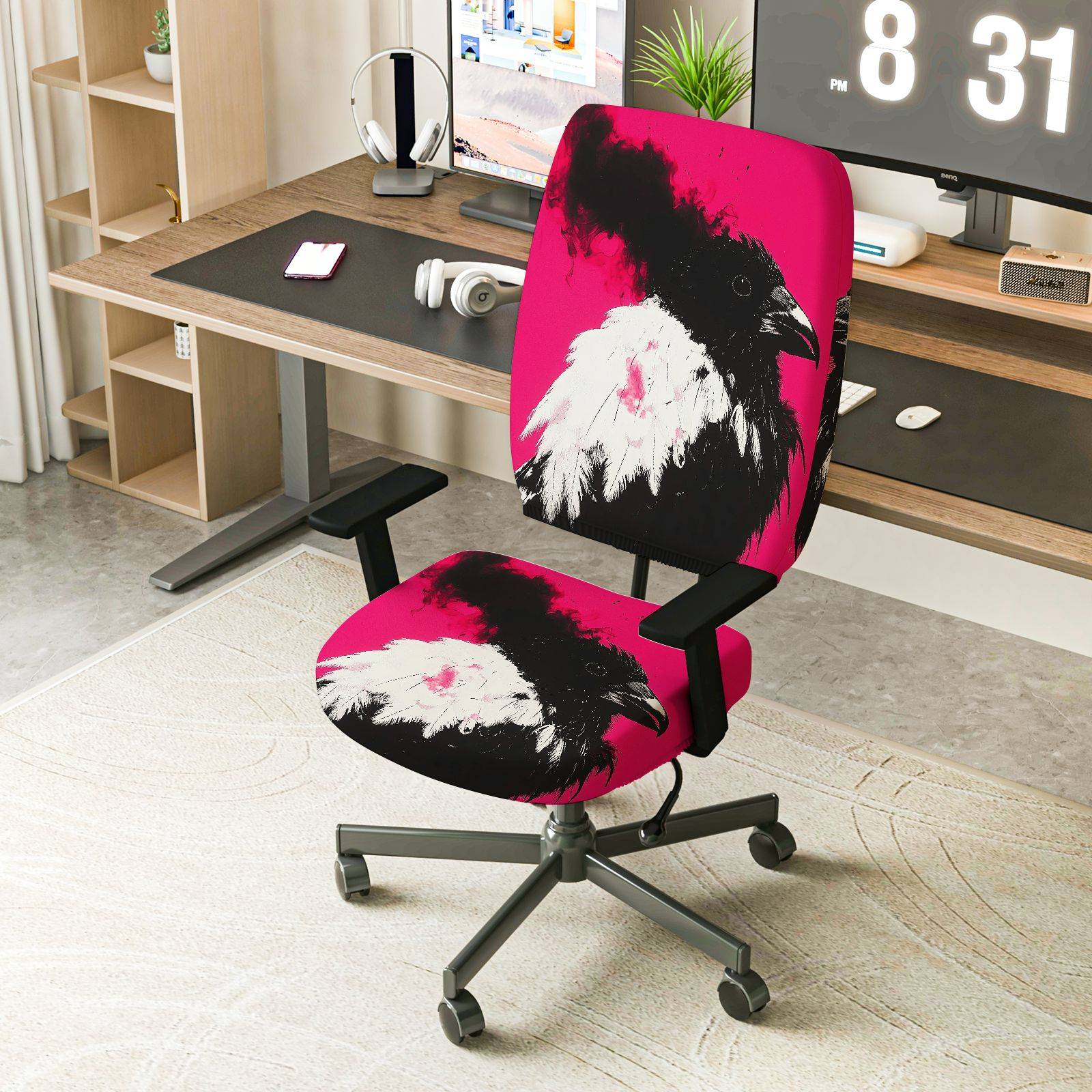 2-Piece Artistic Raven Gothic Dark Bird Pink  Computer Chair Cover Set, Seat and Backrest