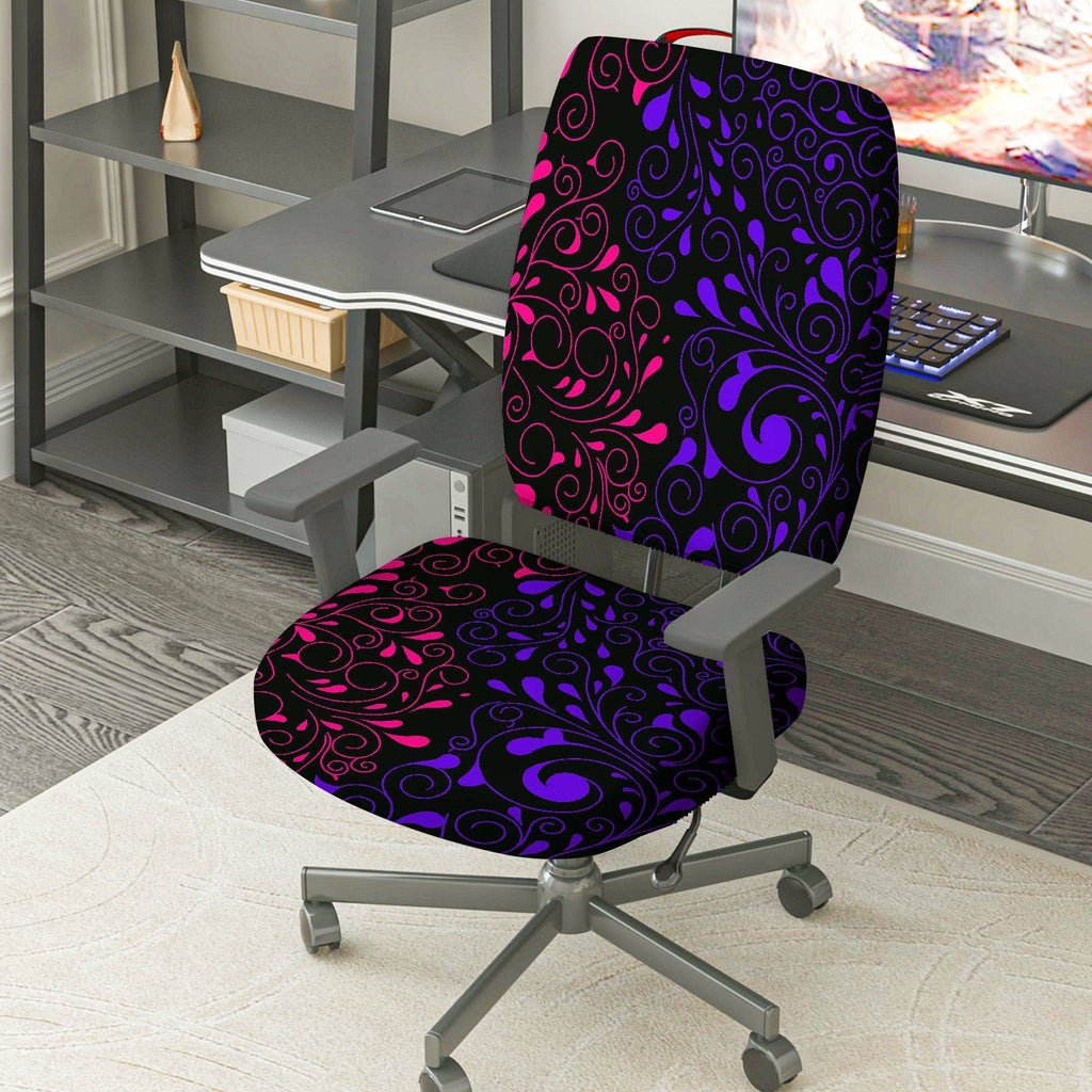 2-Piece Abstract Floral Swirl Pattern Black Purple Pink  Computer Chair Cover Set, Seat and Backrest