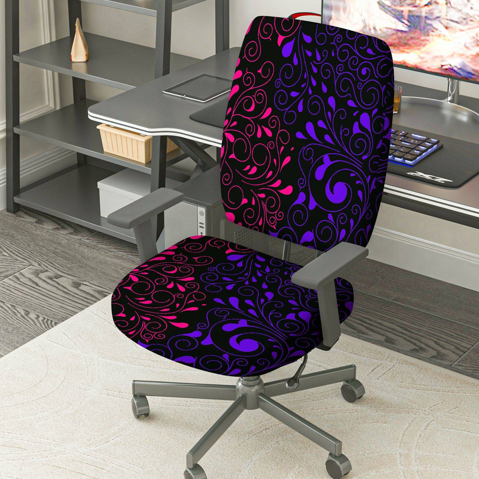 2-Piece Abstract Floral Swirl Pattern Black Purple Pink  Computer Chair Cover Set, Seat and Backrest