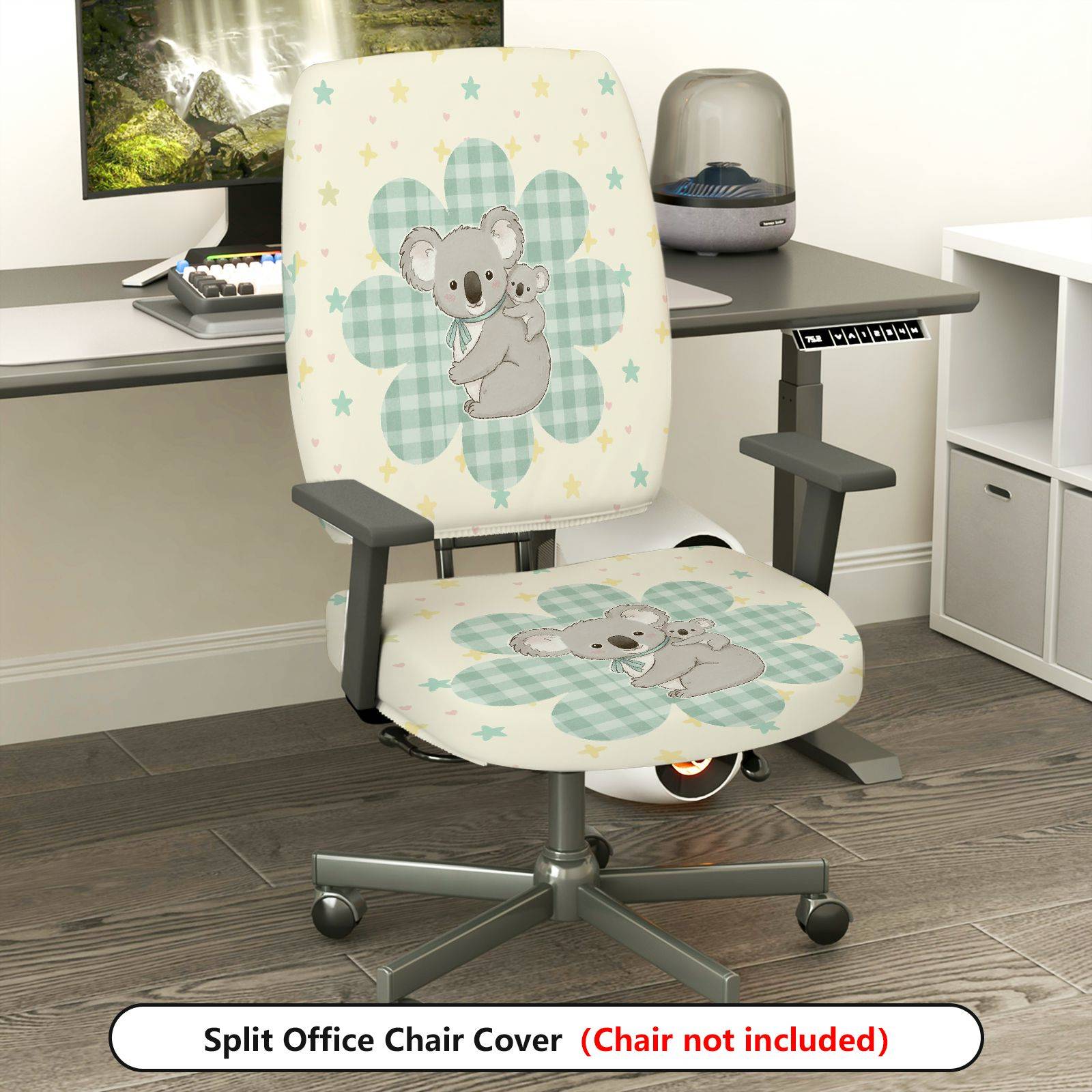 2-Piece Animal Star Plaid Koala  Computer Chair Cover Set, Seat and Backrest