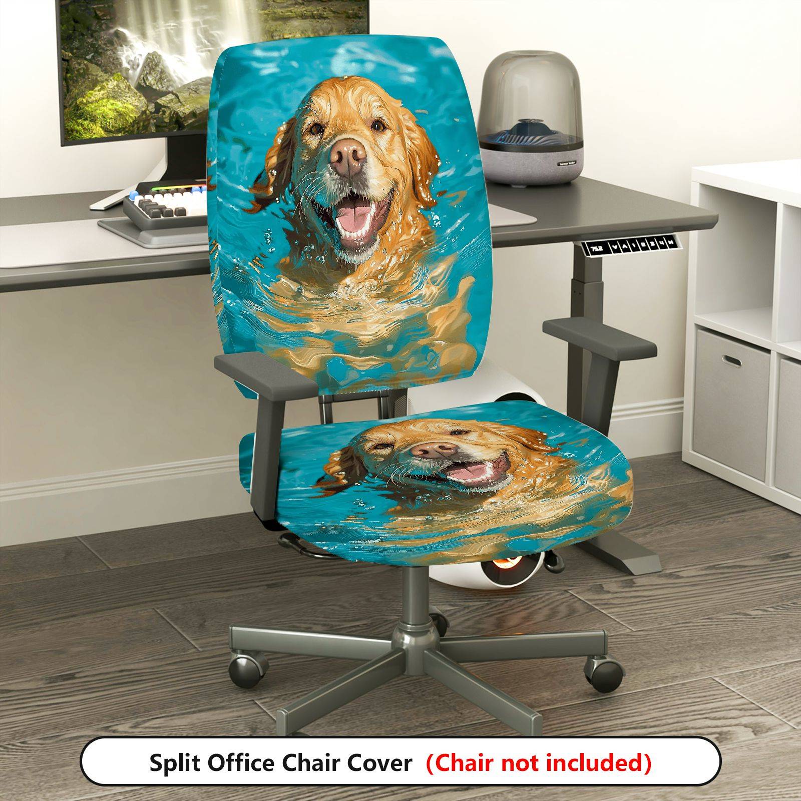 2-Piece Swimming Dog Animal Fun Pet  Computer Chair Cover Set, Seat and Backrest