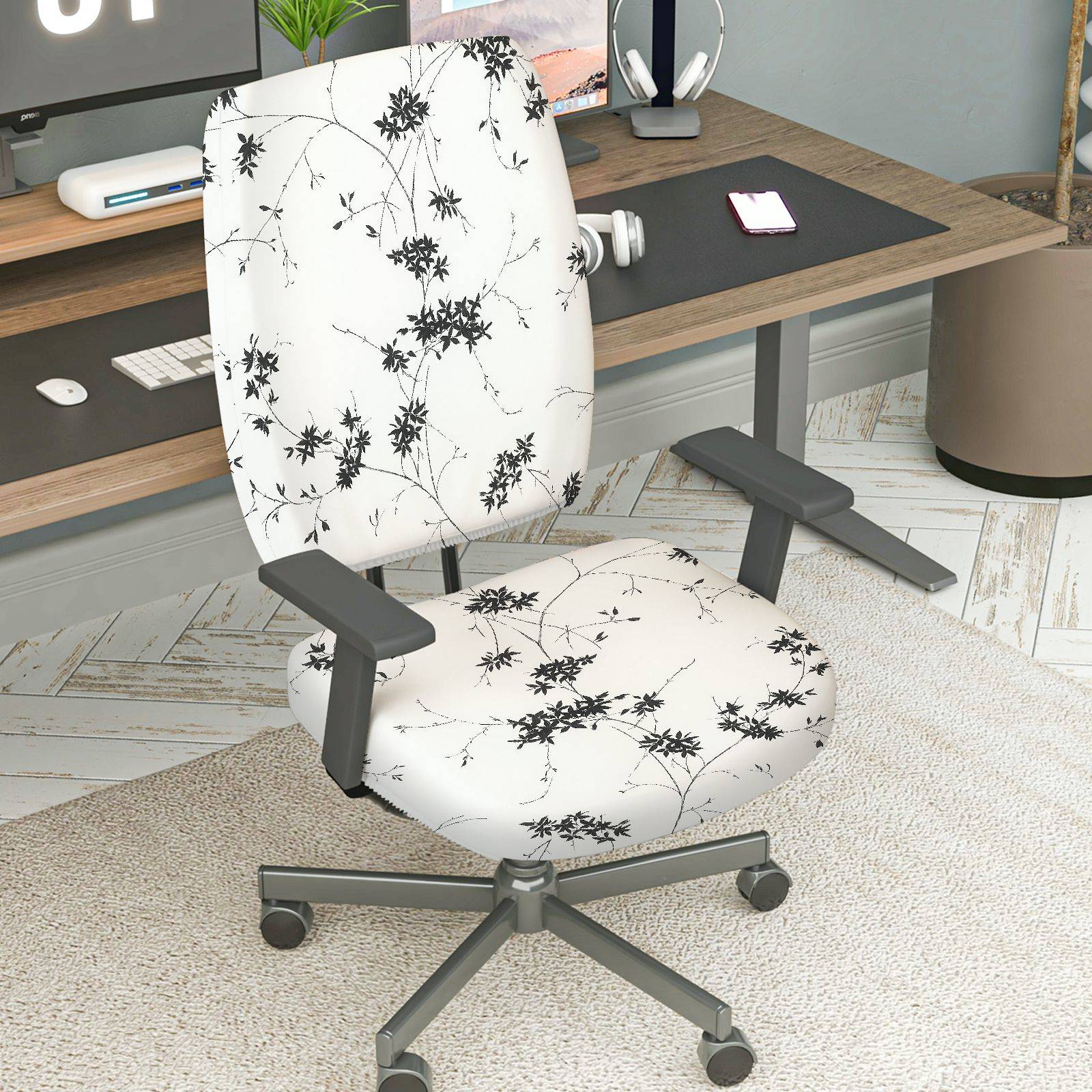 2-Piece Black Floral Printed Modern Elegant Decorative  Computer Chair Cover Set, Seat and Backrest