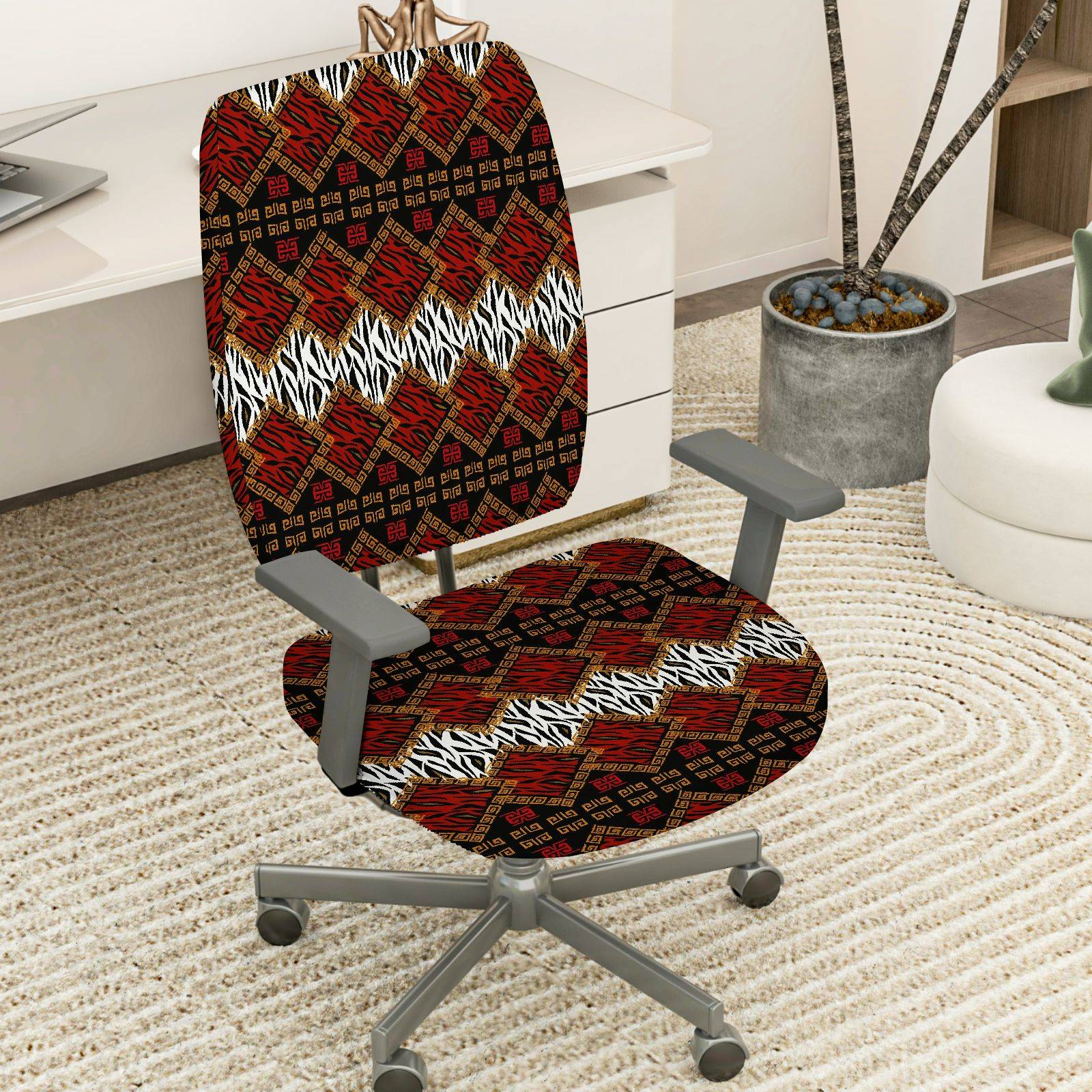 2-Piece Geometric Pattern Red Black Zebra African Style Ethnic  Computer Chair Cover Set, Seat and Backrest