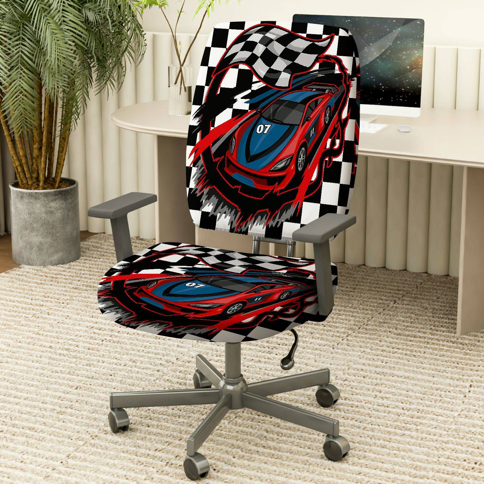 2-Piece Racing car checkered flag black red blue  Computer Chair Cover Set, Seat and Backrest