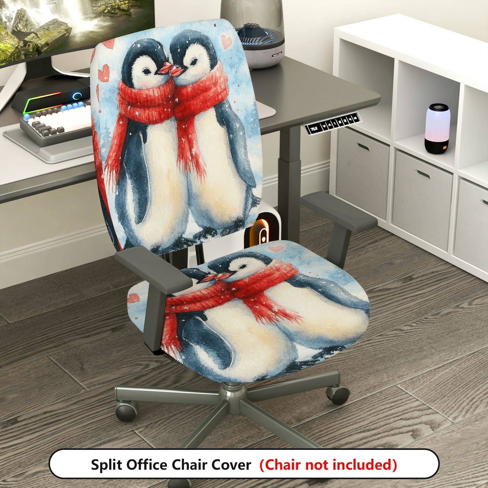 2-Piece Animal Winter Love Penguin Snow  Computer Chair Cover Set, Seat and Backrest