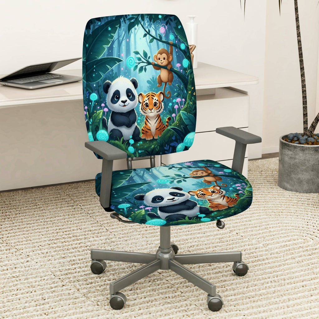 2-Piece Animal Forest Panda Tiger Monkey  Computer Chair Cover Set, Seat and Backrest