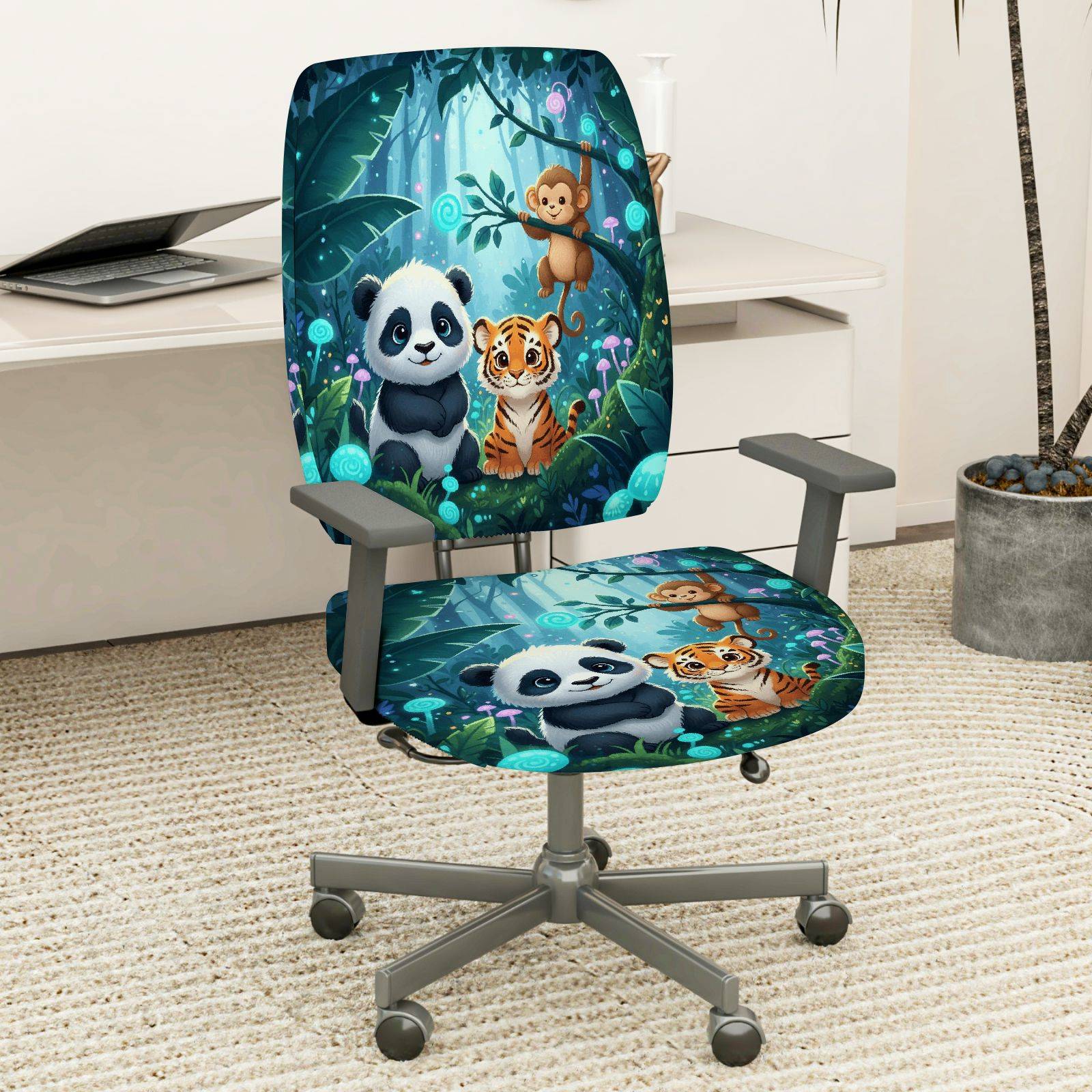 2-Piece Animal Forest Panda Tiger Monkey  Computer Chair Cover Set, Seat and Backrest