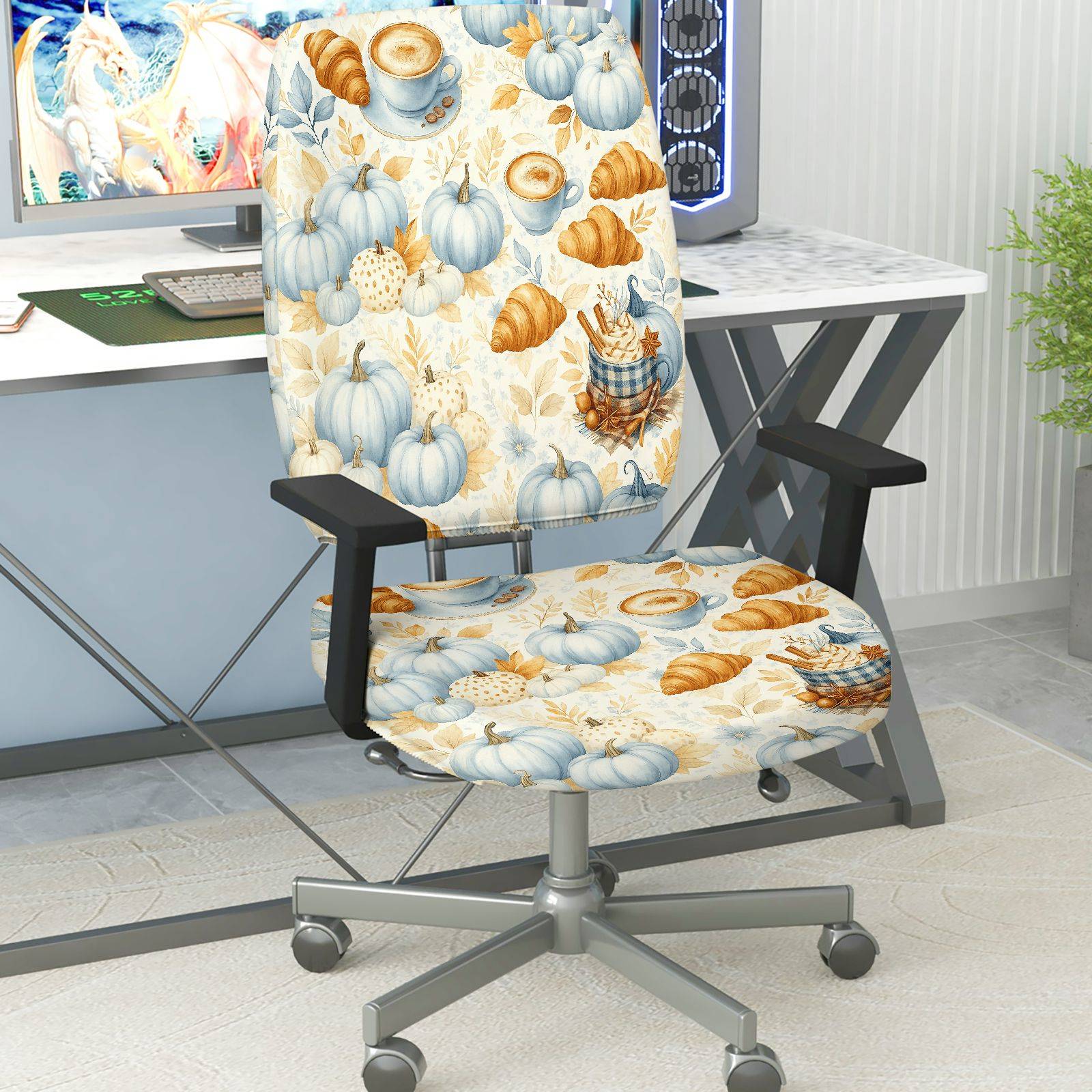 2-Piece Autumn Pumpkin Coffee Croissant Thanksgiving  Computer Chair Cover Set, Seat and Backrest