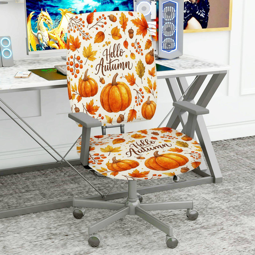 2-Piece Autumn Pumpkin Maple Leaves Acorn Fall  Computer Chair Cover Set, Seat and Backrest