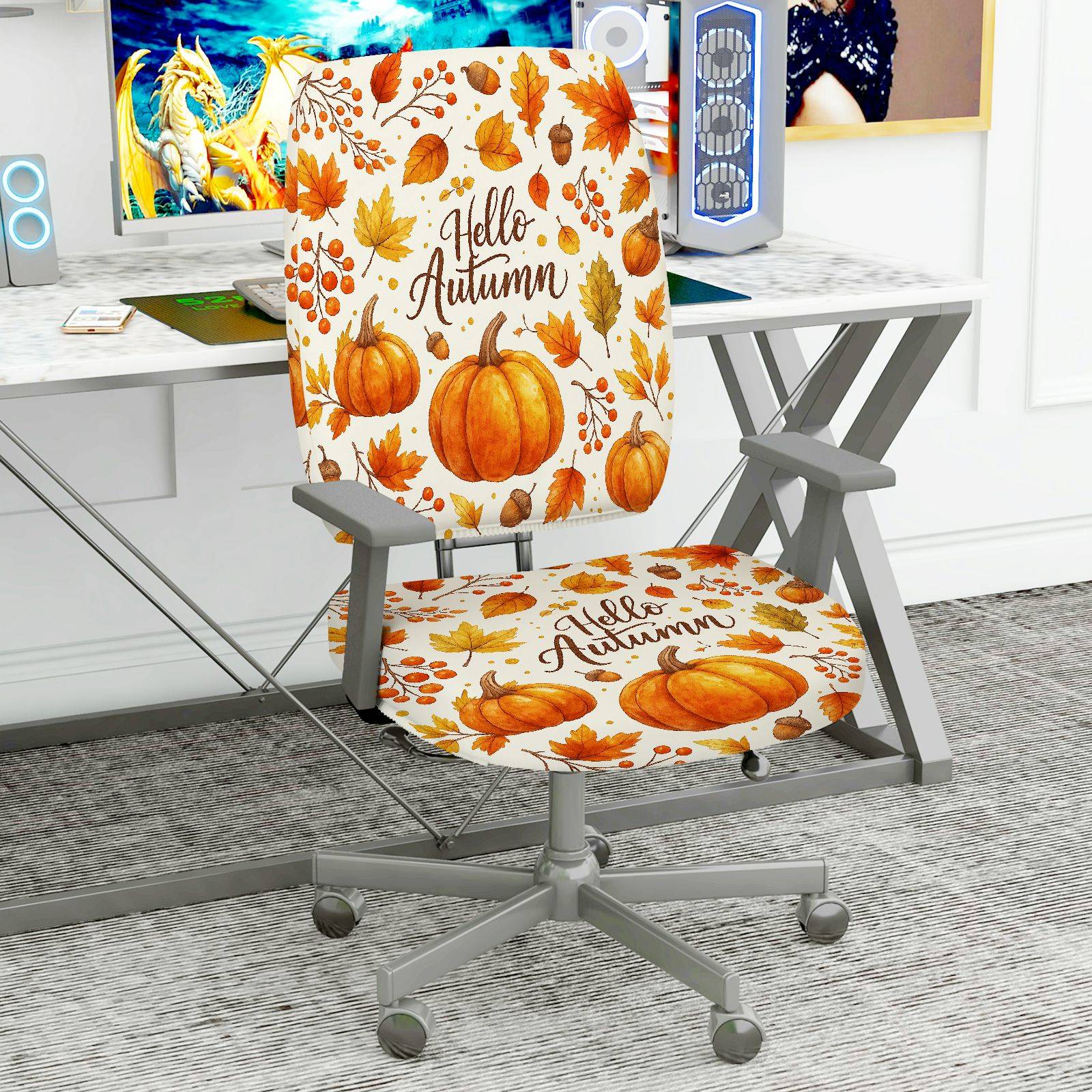 2-Piece Autumn Pumpkin Maple Leaves Acorn Fall  Computer Chair Cover Set, Seat and Backrest