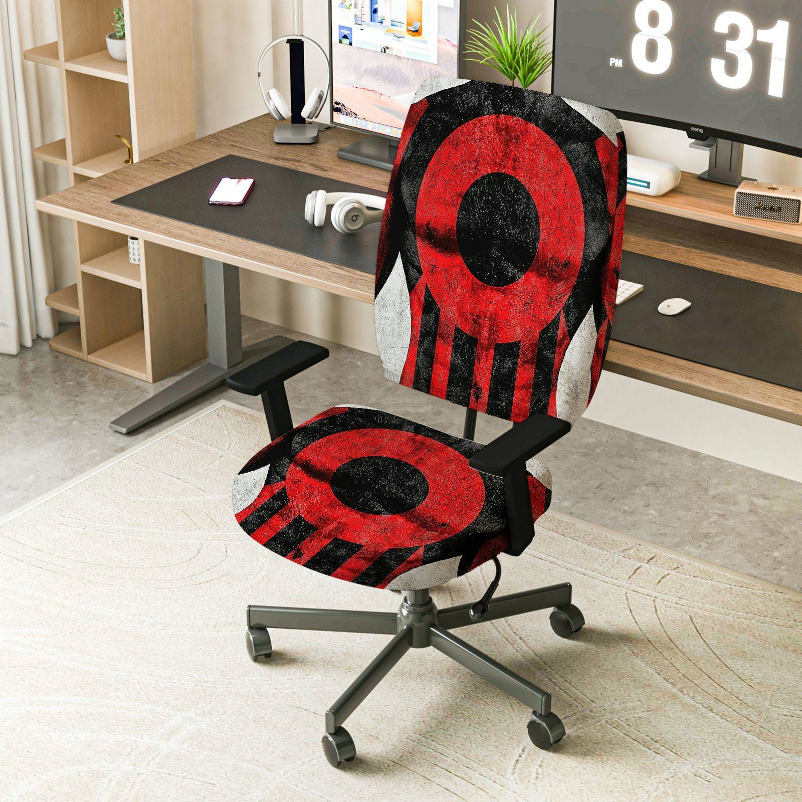 2-Piece Modern Geometric Red Black Artistic Pattern  Computer Chair Cover Set, Seat and Backrest