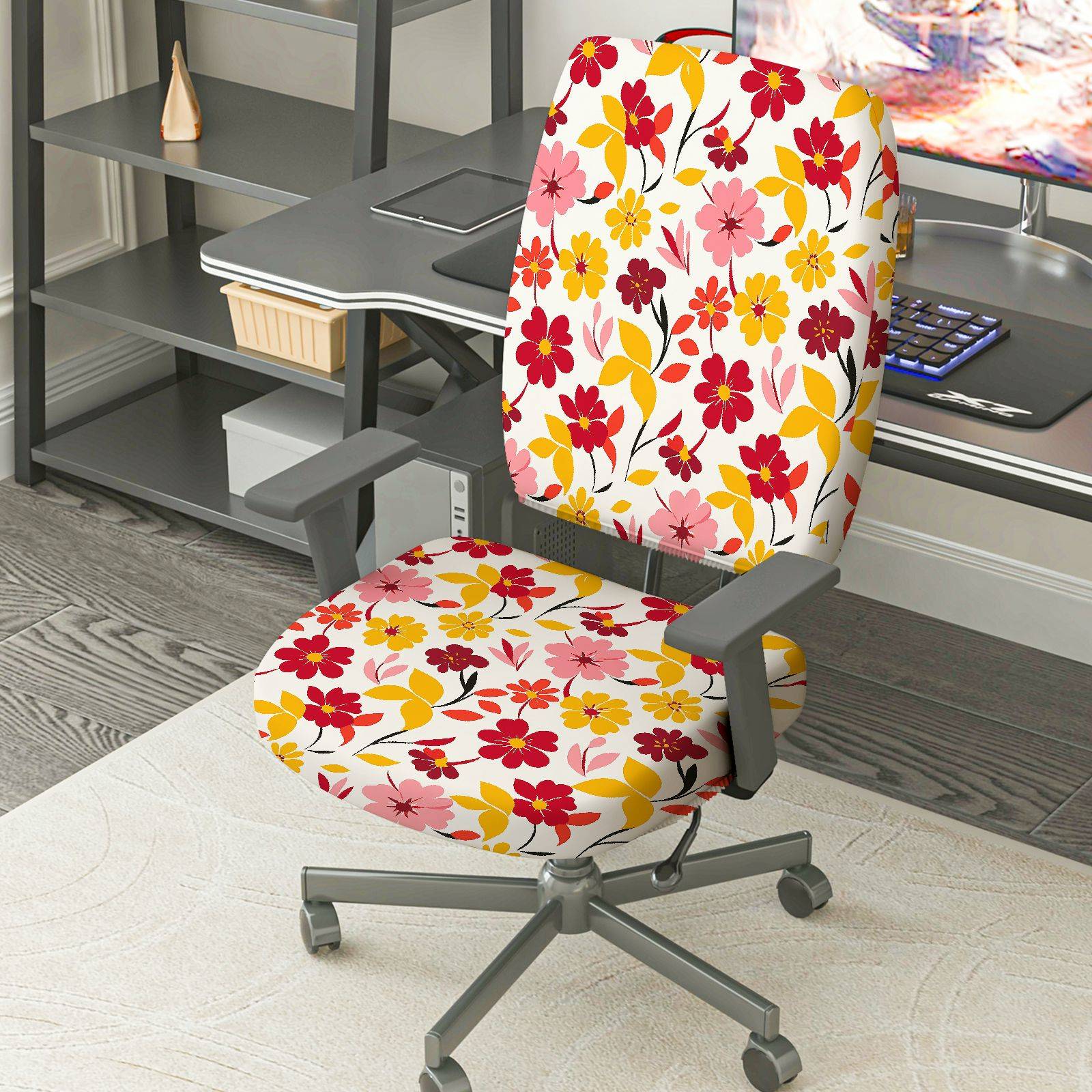 2-Piece Floral Pattern Red Yellow Pink Decorative  Computer Chair Cover Set, Seat and Backrest