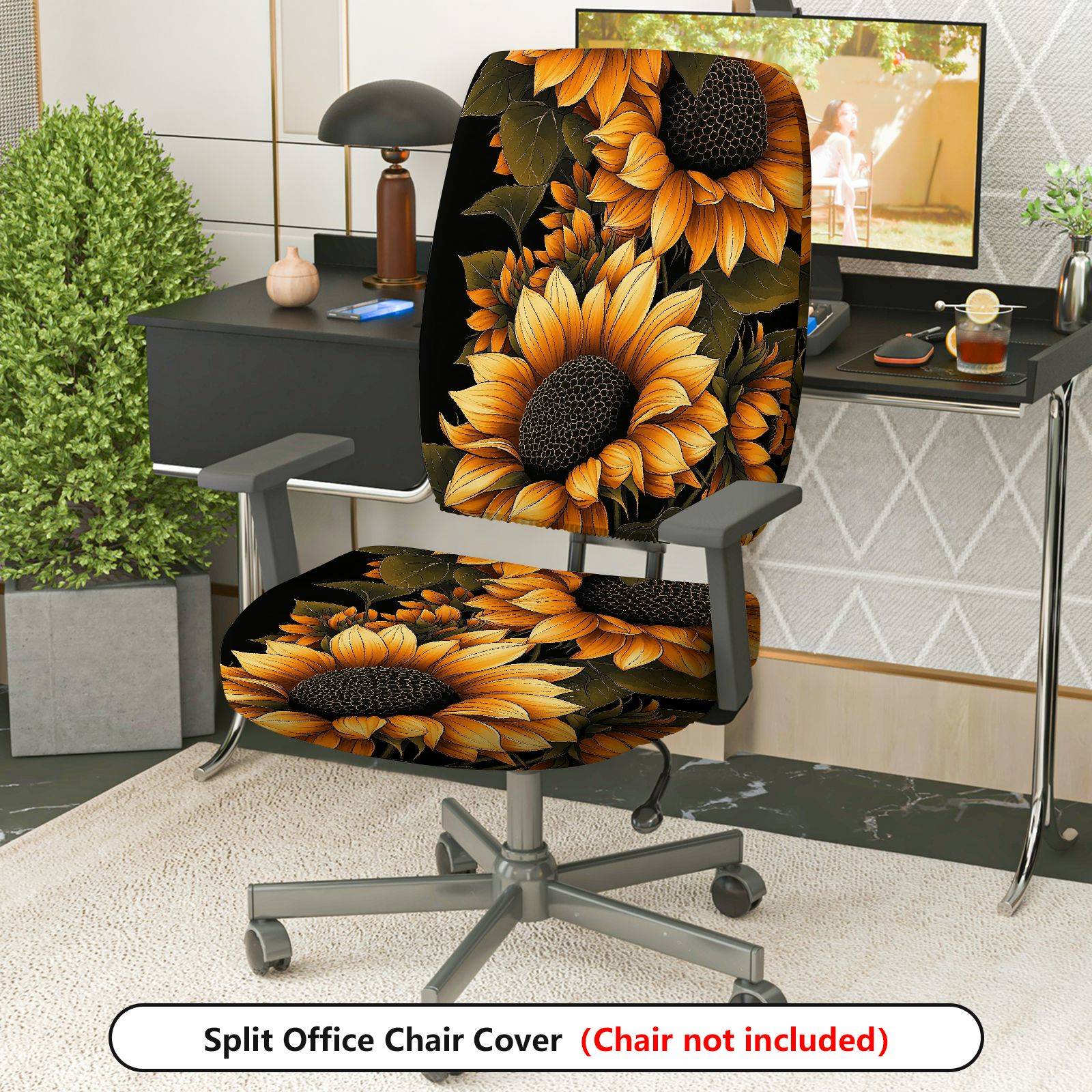 2-Piece sunflower floral pattern autumn sunburst yellow  Computer Chair Cover Set, Seat and Backrest