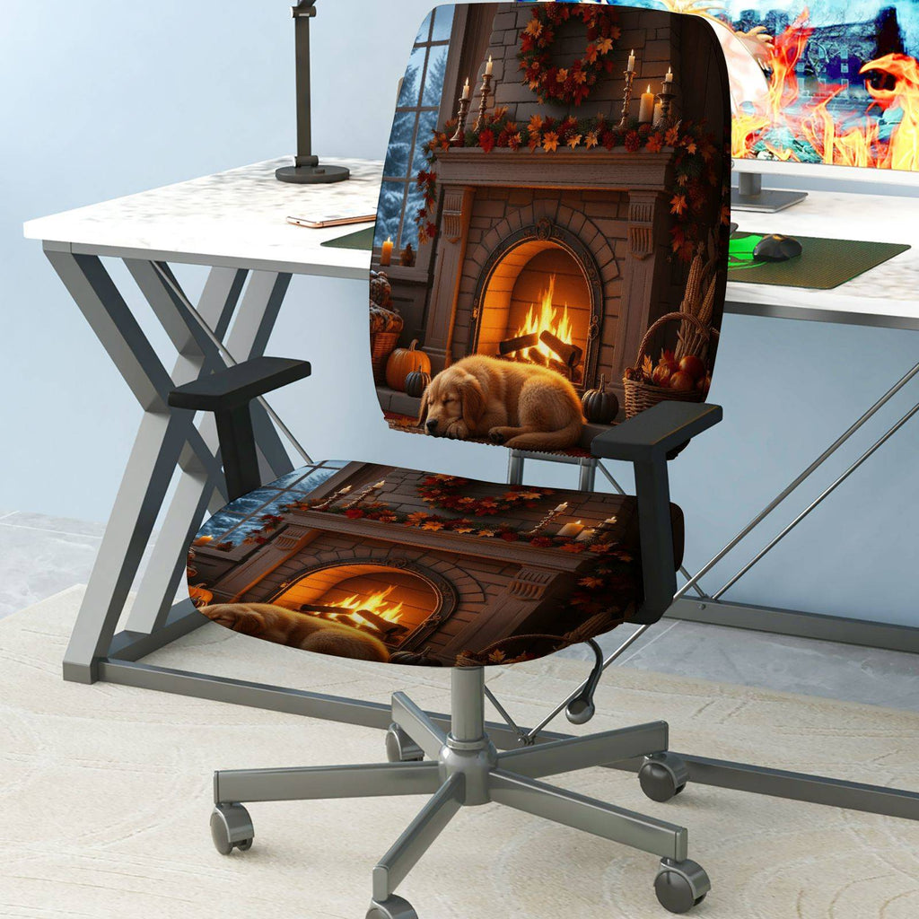 2-Piece Autumn Fireplace Warm Cozy Seasonal Decorative  Computer Chair Cover Set, Seat and Backrest