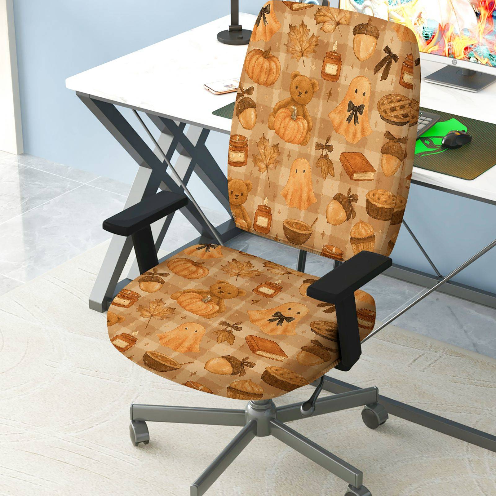 2-Piece Autumn Halloween Pumpkin Bear Cake  Computer Chair Cover Set, Seat and Backrest