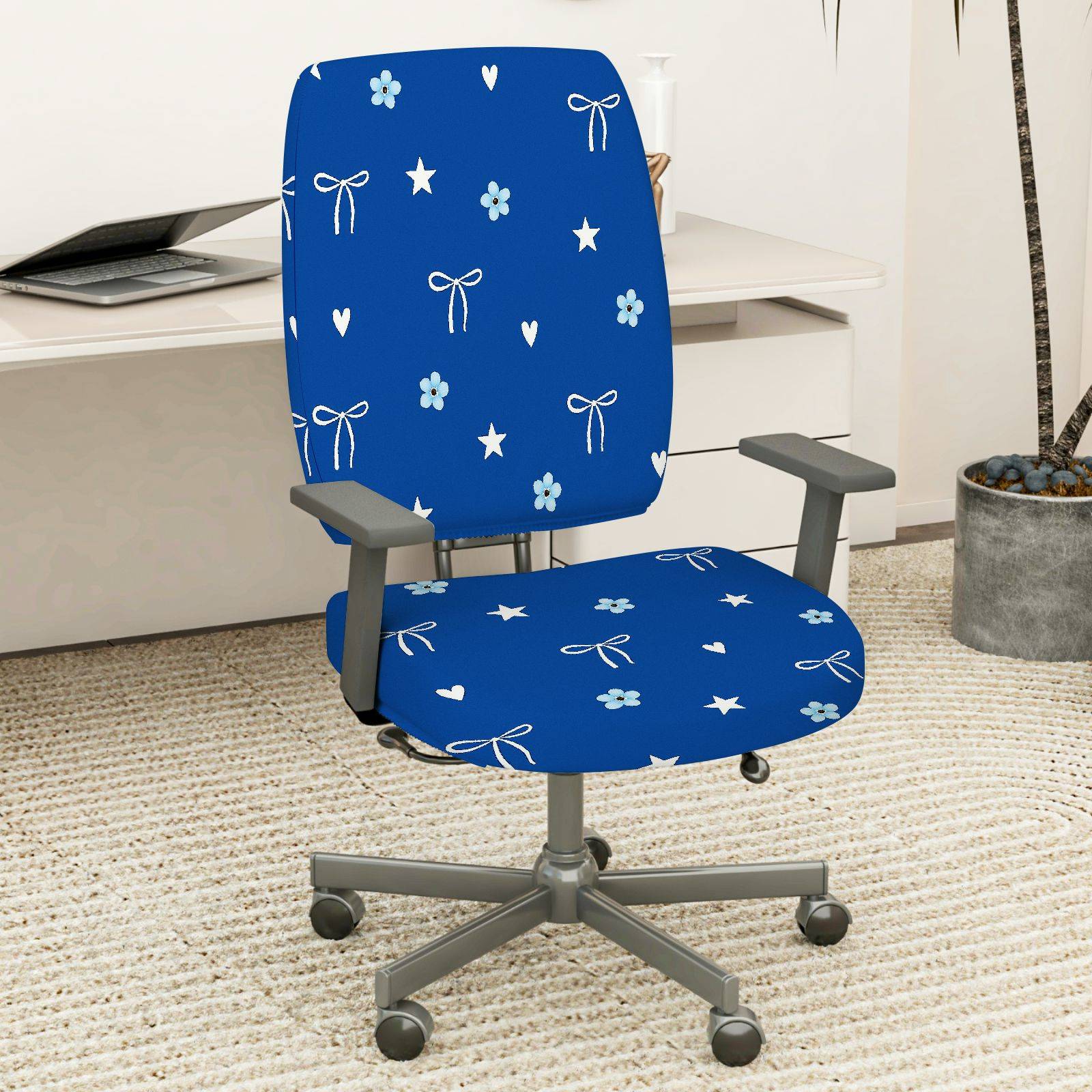 2-Piece Blue Star Heart Bow Flower  Computer Chair Cover Set, Seat and Backrest