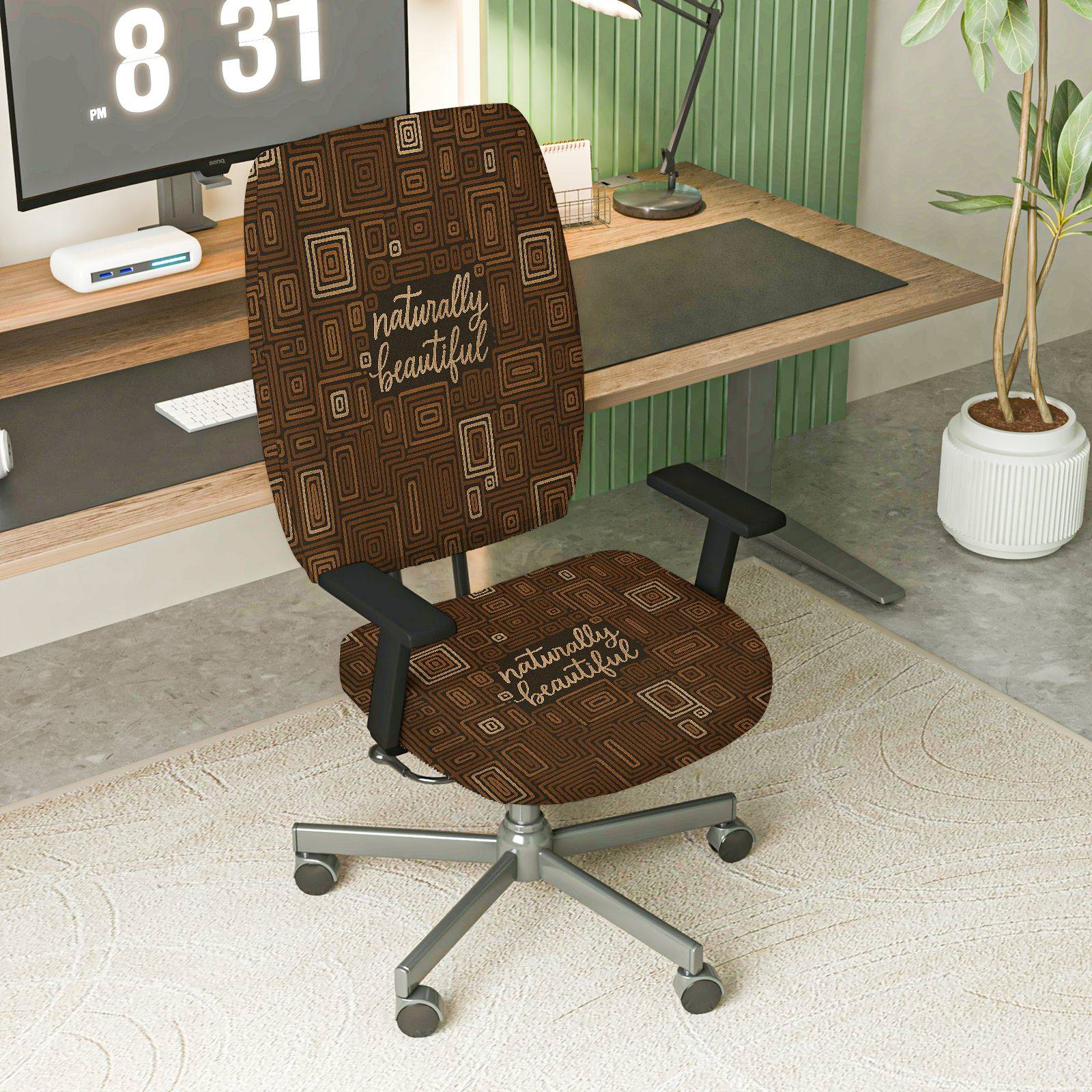 2-Piece Geometric Vintage Brown Inspirational Decor  Computer Chair Cover Set, Seat and Backrest