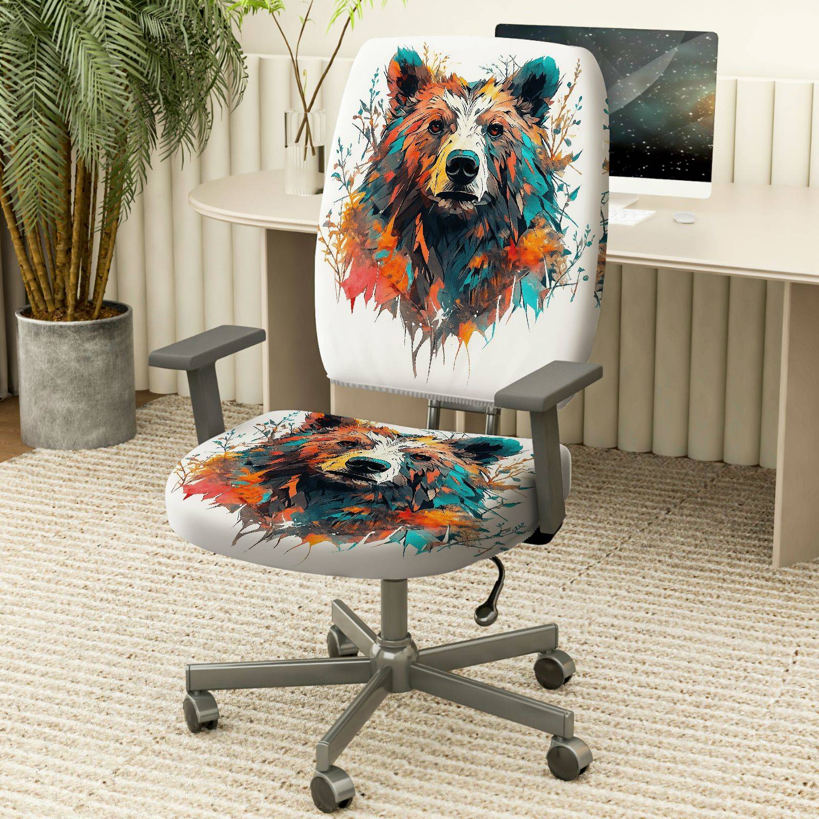2-Piece Colorful Bear Animal Art Design  Computer Chair Cover Set, Seat and Backrest