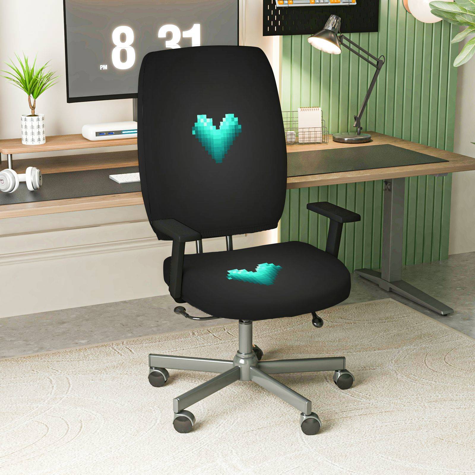 2-Piece Geometric Heart Pixel Art Gaming Valentine  Computer Chair Cover Set, Seat and Backrest