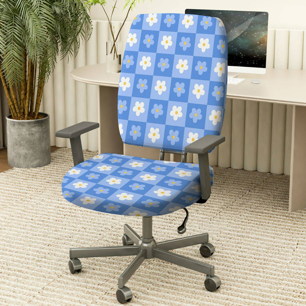 2-Piece Blue Floral Checkered Pattern  Computer Chair Cover Set, Seat and Backrest
