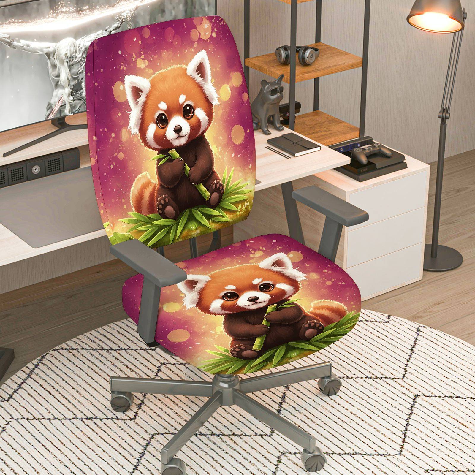 2-Piece Cute Red Panda Animal  Computer Chair Cover Set, Seat and Backrest