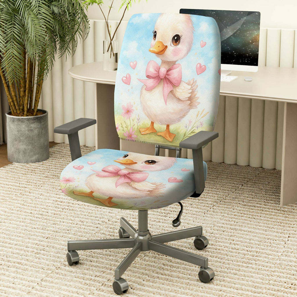 2-Piece Cute Duck Pink Bow Heart Spring  Computer Chair Cover Set, Seat and Backrest