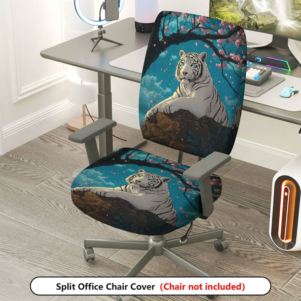 2-Piece White Tiger Cherry Blossom Night Sky Animal Nature  Computer Chair Cover Set, Seat and Backrest