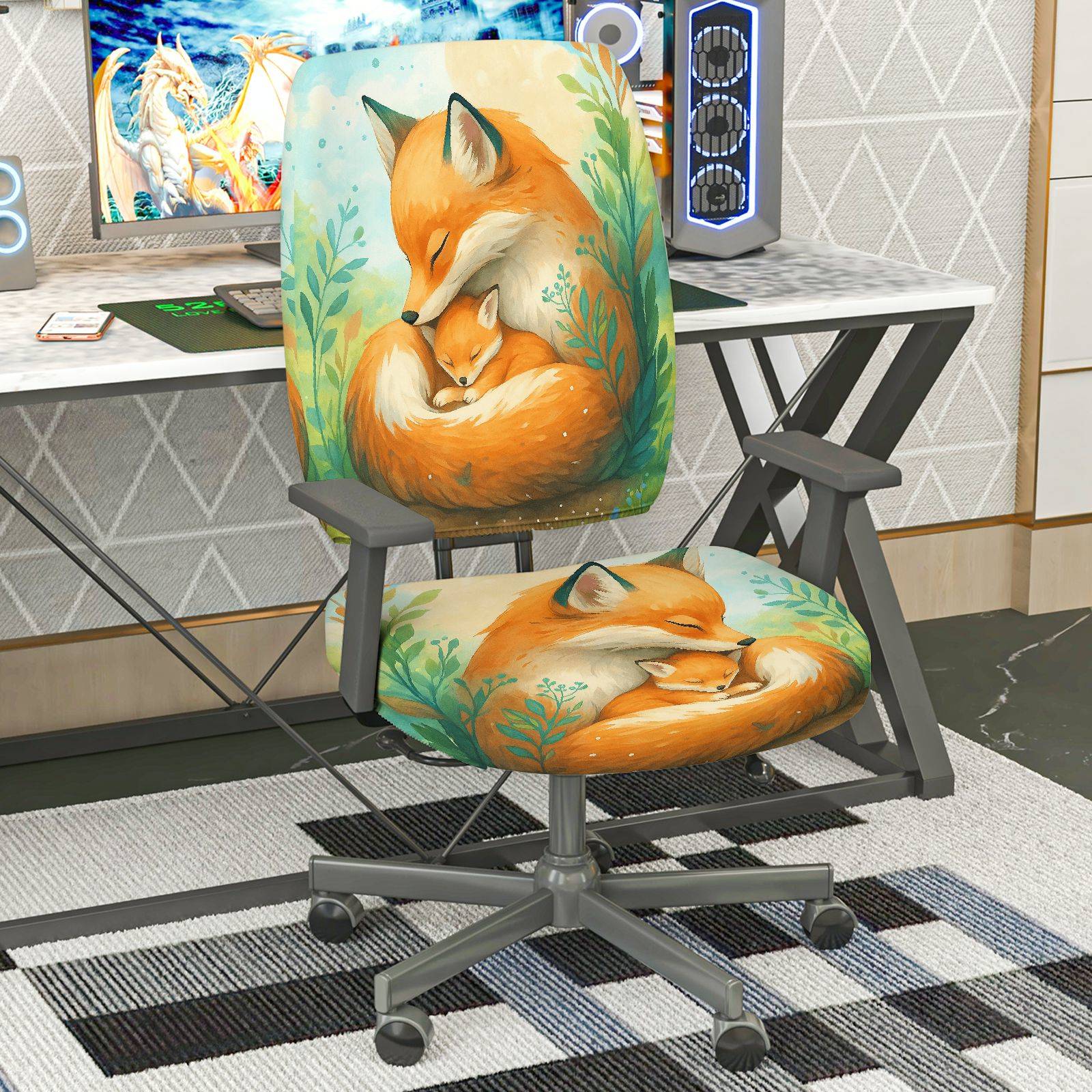 2-Piece Animal Art Fox Forest  Computer Chair Cover Set, Seat and Backrest