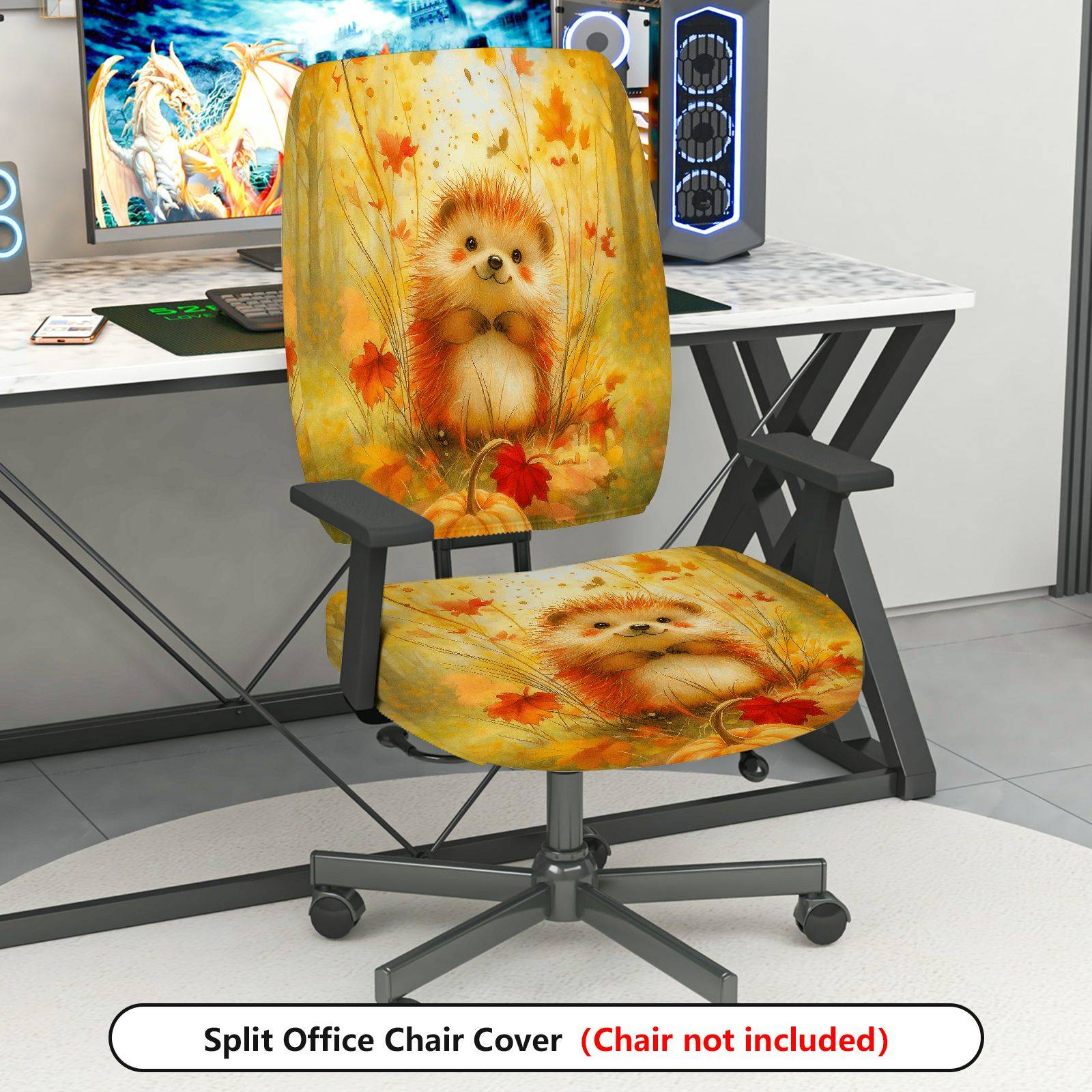 2-Piece Autumn Hedgehog Cute Animal Fall Leaves  Computer Chair Cover Set, Seat and Backrest