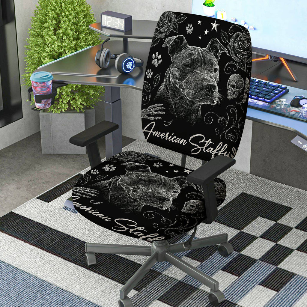 2-Piece American Staff Pitbull Skull Gothic Rose  Computer Chair Cover Set, Seat and Backrest