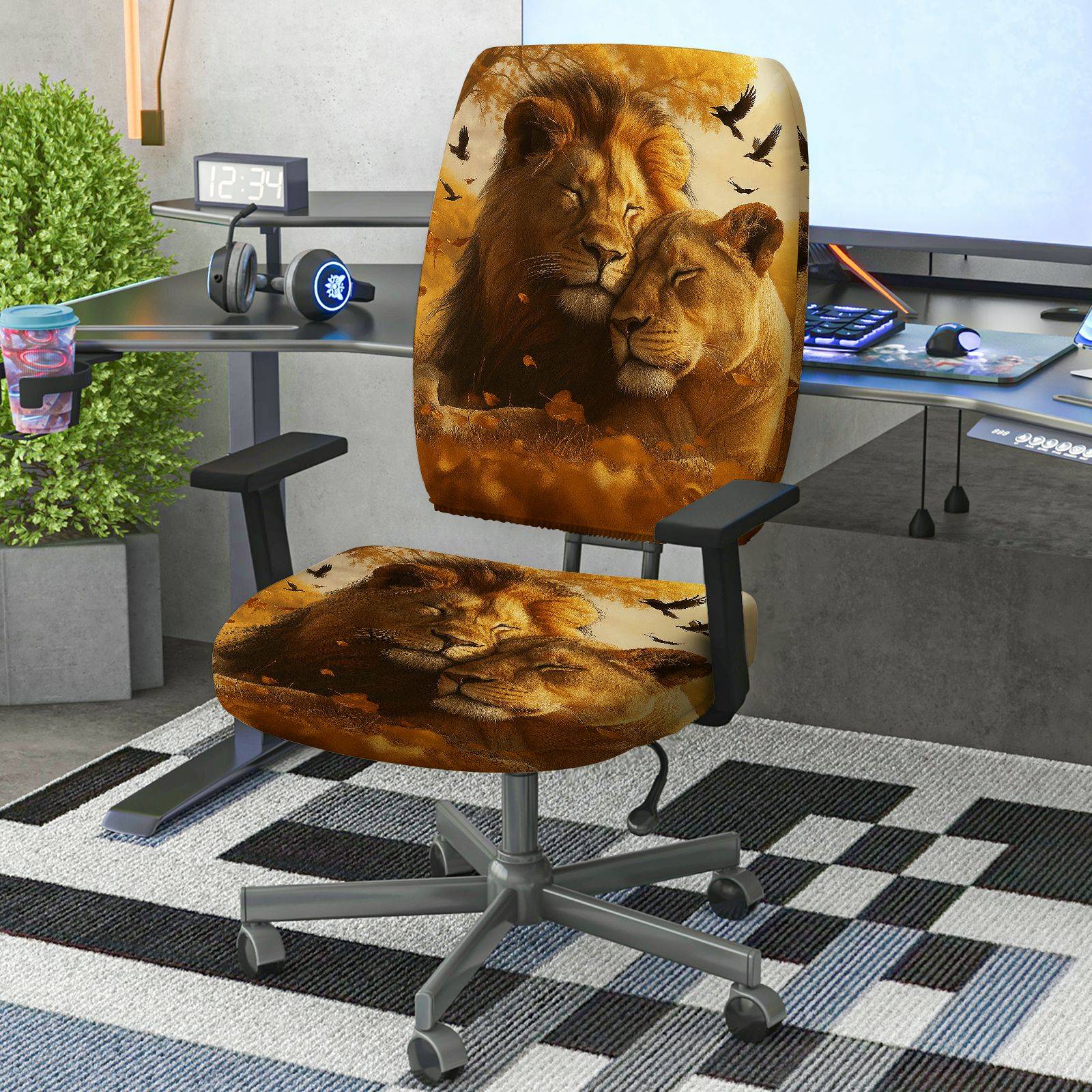2-Piece Animal Lion Nature Wildlife Love  Computer Chair Cover Set, Seat and Backrest