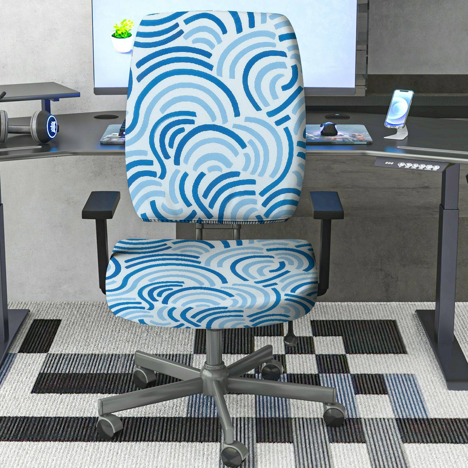 2-Piece Abstract Geometric Blue Wave Pattern  Computer Chair Cover Set, Seat and Backrest