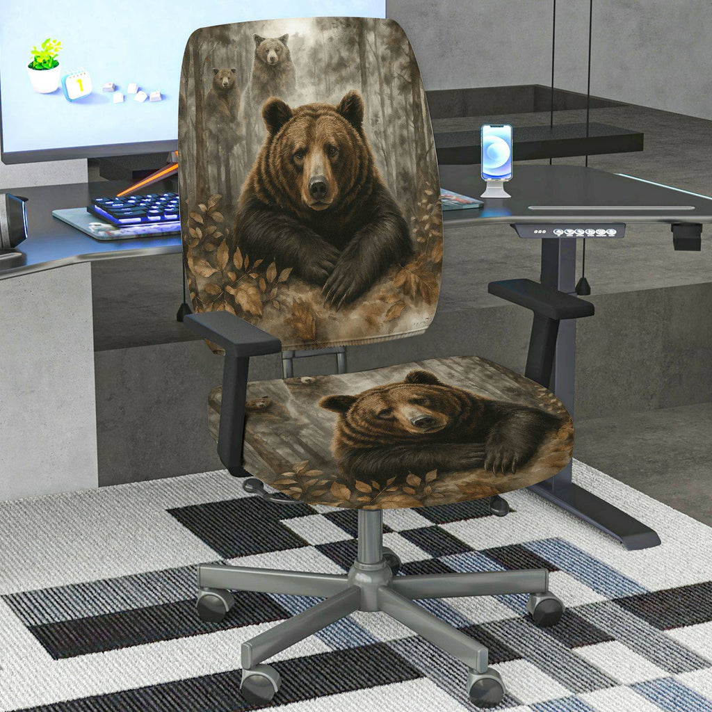 2-Piece Animal Forest Bear Nature Design  Computer Chair Cover Set, Seat and Backrest