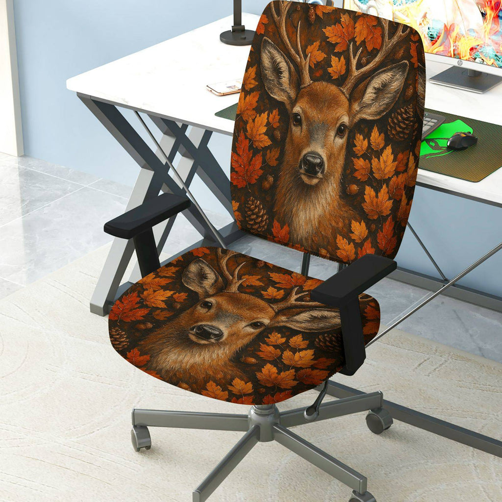 2-Piece Autumn Deer Maple Leaves Nature Wildlife  Computer Chair Cover Set, Seat and Backrest