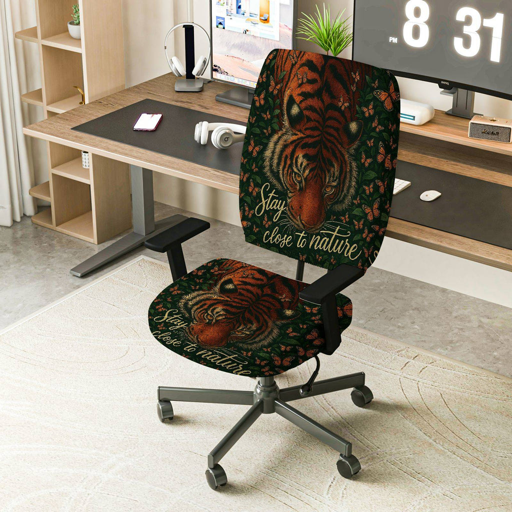 2-Piece Animal Nature Forest Wildlife Tiger Inspirational  Computer Chair Cover Set, Seat and Backrest