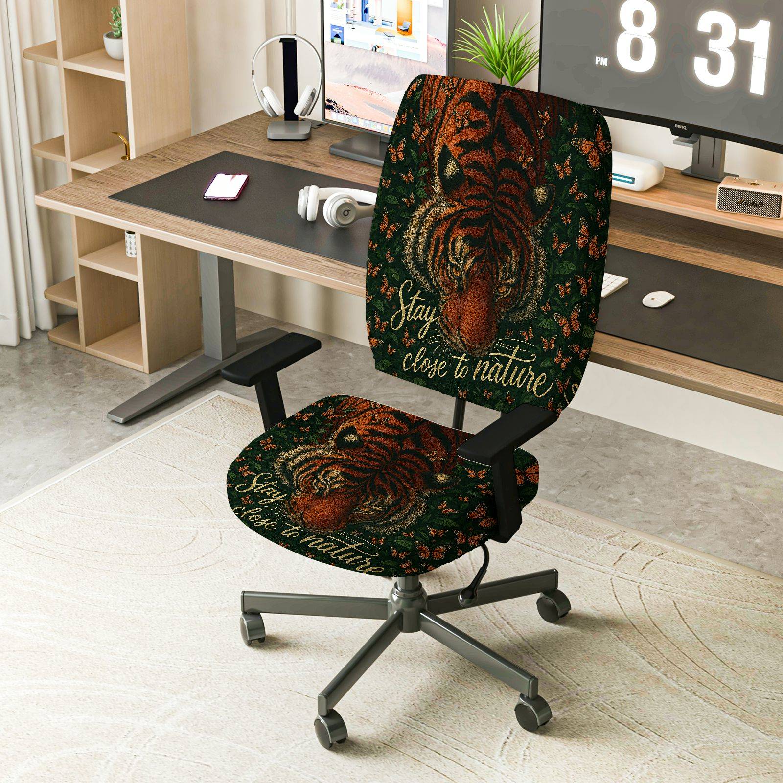 2-Piece Animal Nature Forest Wildlife Tiger Inspirational  Computer Chair Cover Set, Seat and Backrest