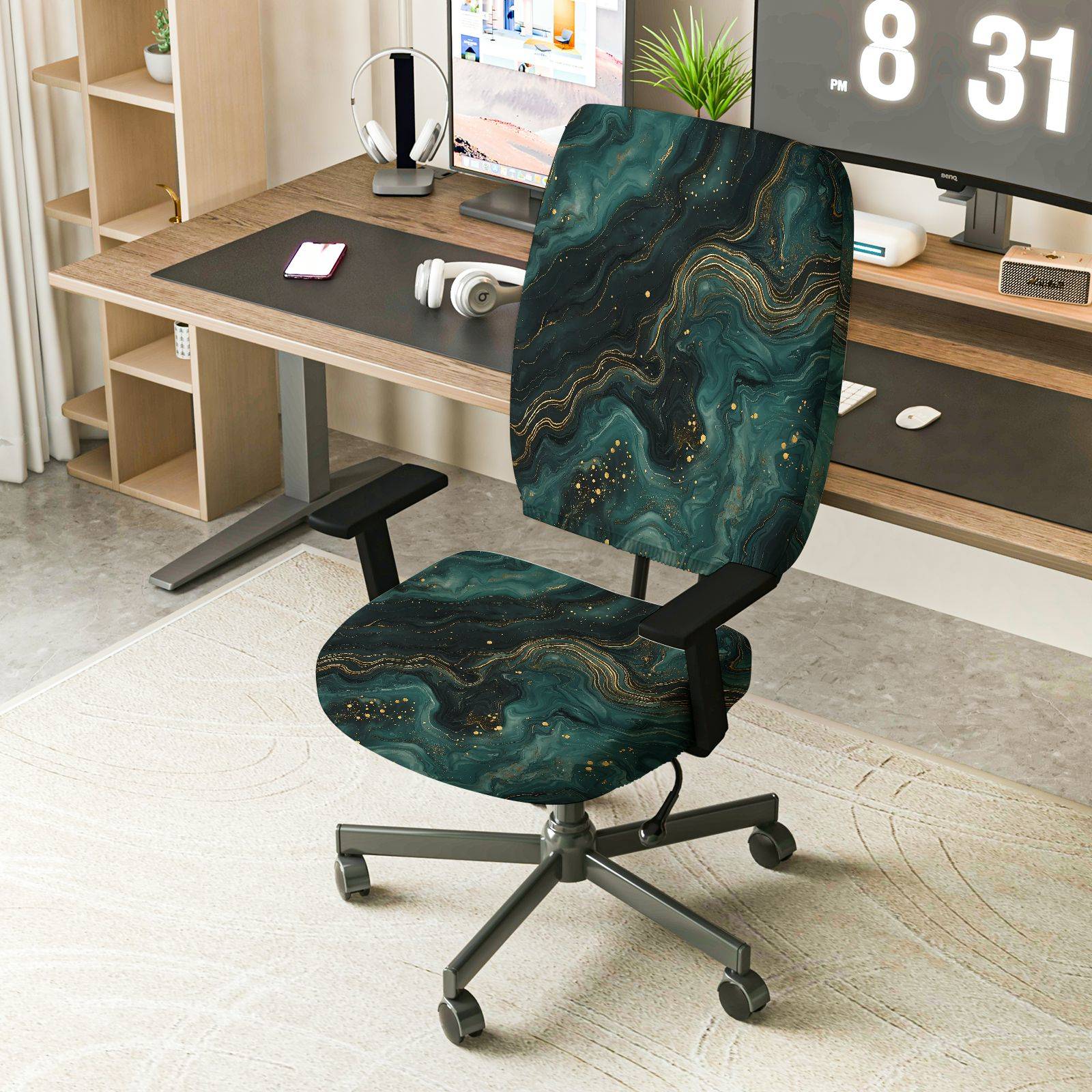 2-Piece Abstract Marble Gold Green Swirl Hypnotic  Computer Chair Cover Set, Seat and Backrest