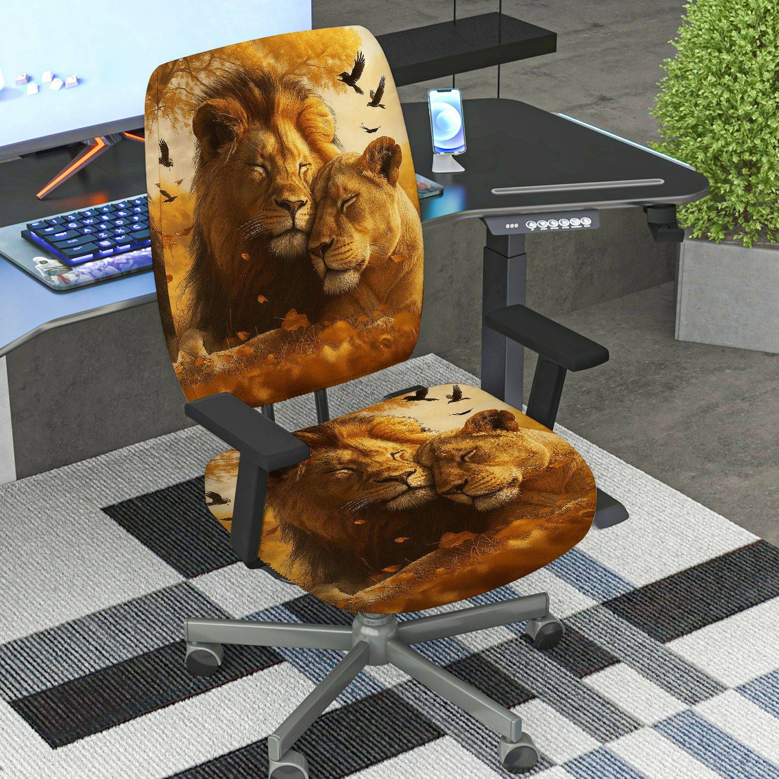 2-Piece Animal Lion Nature Wildlife Love  Computer Chair Cover Set, Seat and Backrest