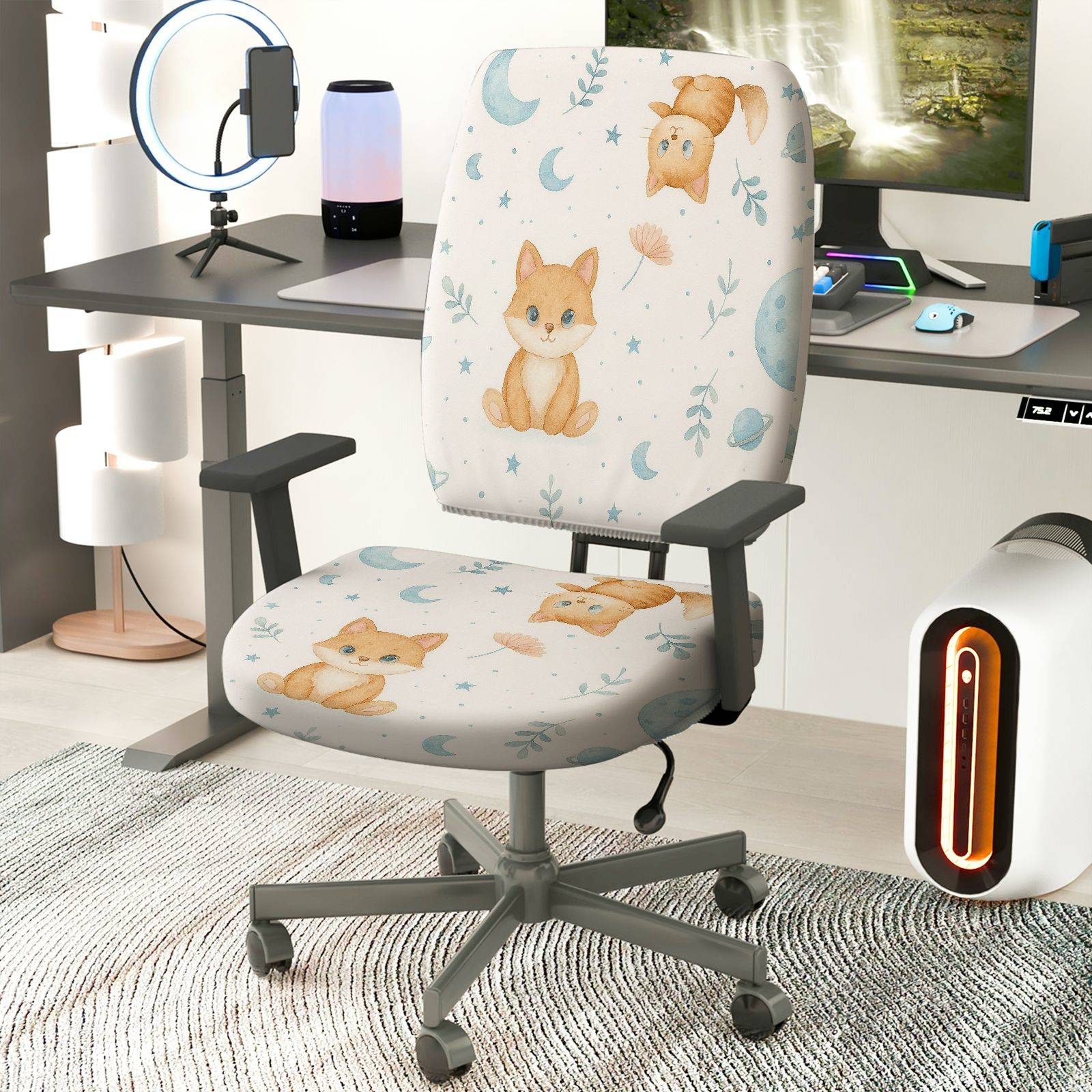 2-Piece Cute Animal Moon Star Floral  Computer Chair Cover Set, Seat and Backrest