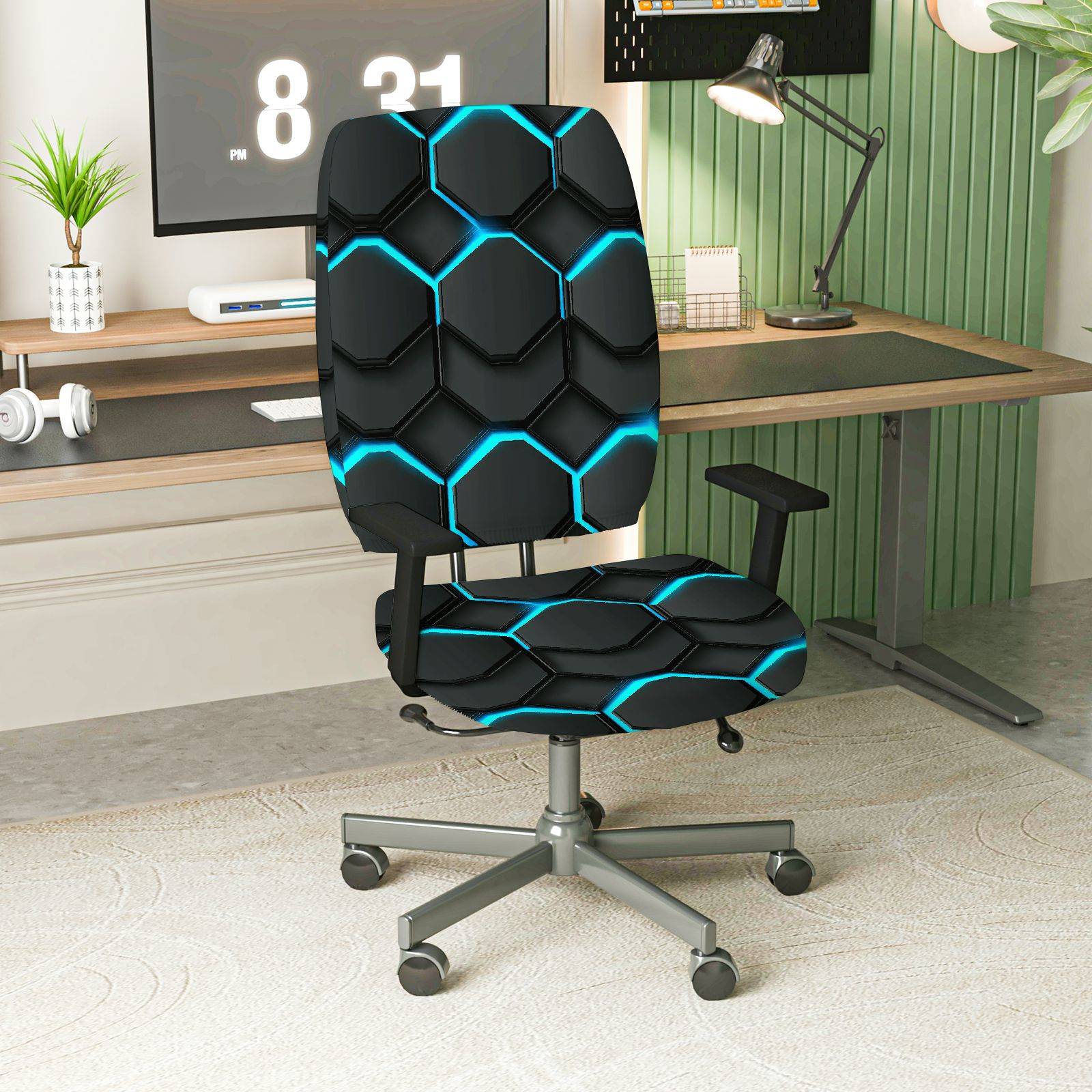 2-Piece Geometric Modern Futuristic Hexagonal Luminous  Computer Chair Cover Set, Seat and Backrest