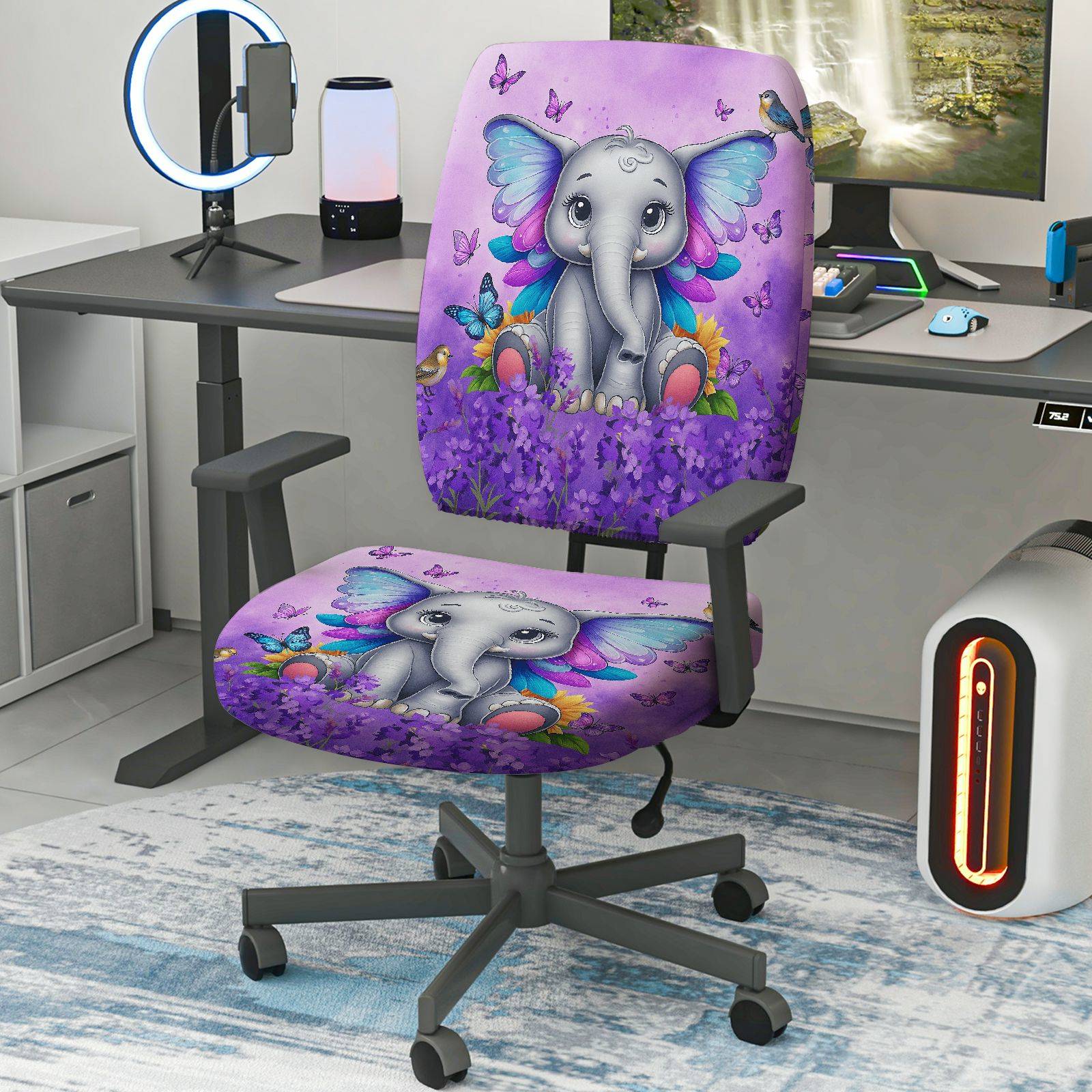 2-Piece Cute Elephant Butterfly Floral Animal Fantasy Purple  Computer Chair Cover Set, Seat and Backrest