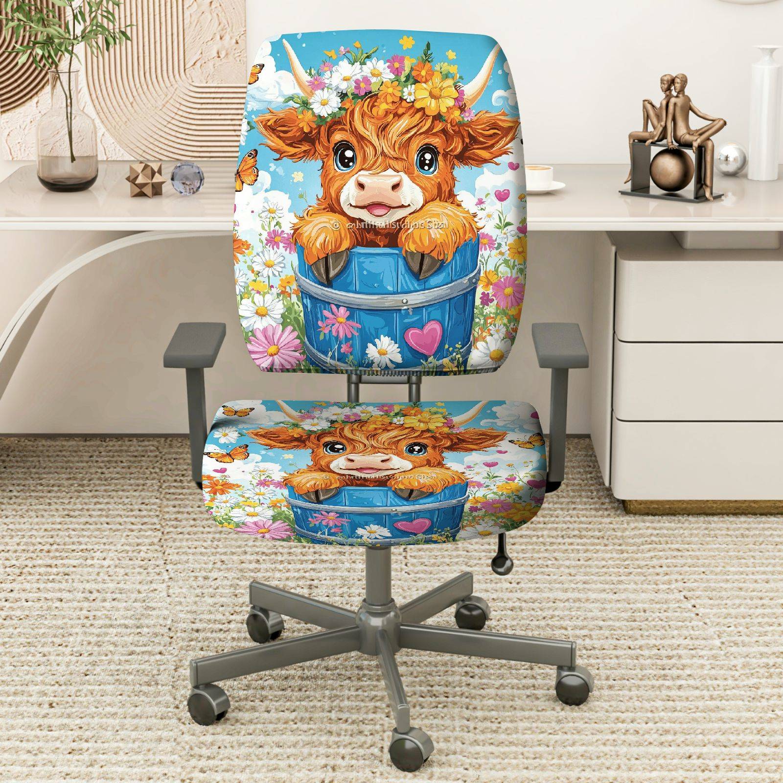 2-Piece Cute Floral Animal Pastoral Spring  Computer Chair Cover Set, Seat and Backrest