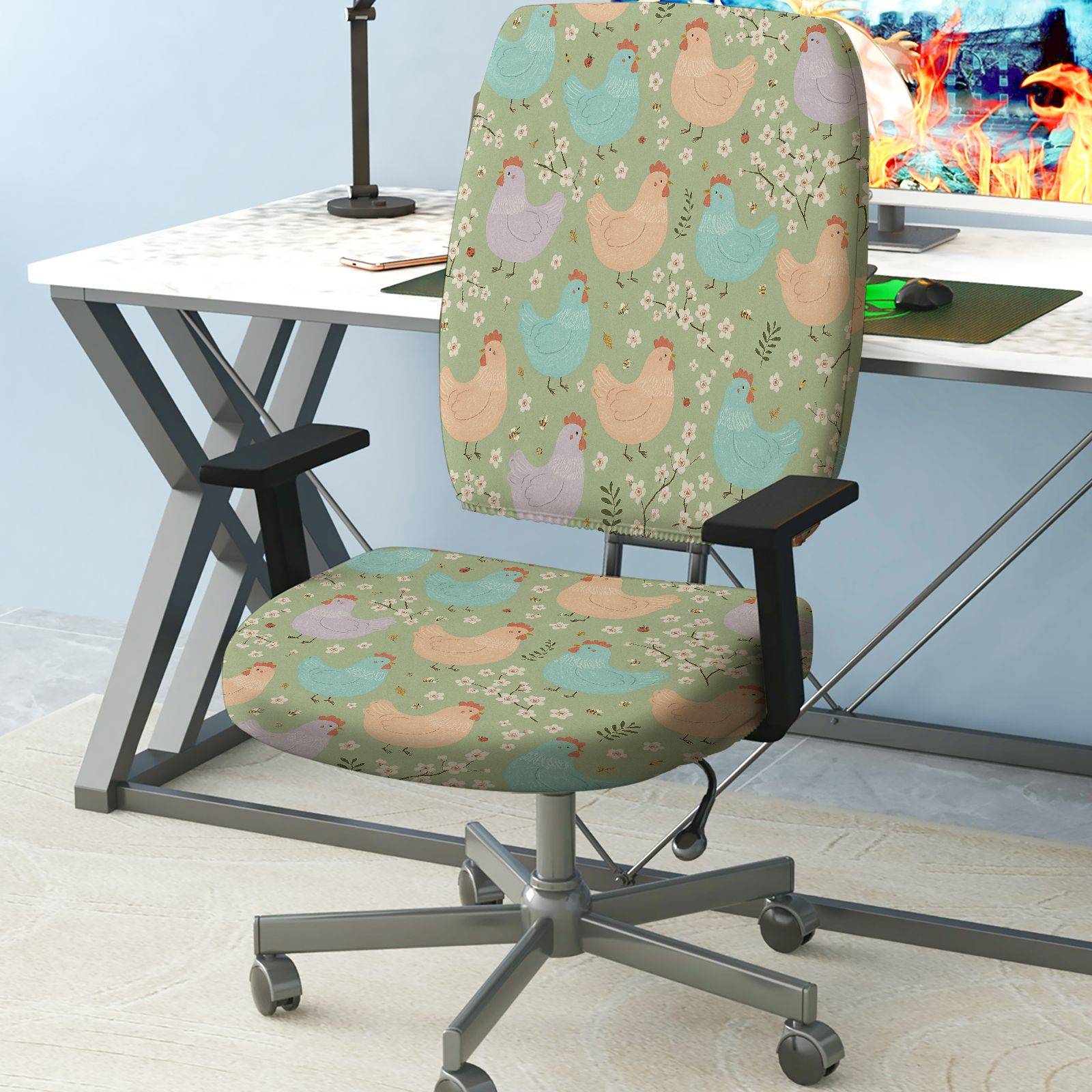 2-Piece Animal Farm Chicken Green Floral  Computer Chair Cover Set, Seat and Backrest