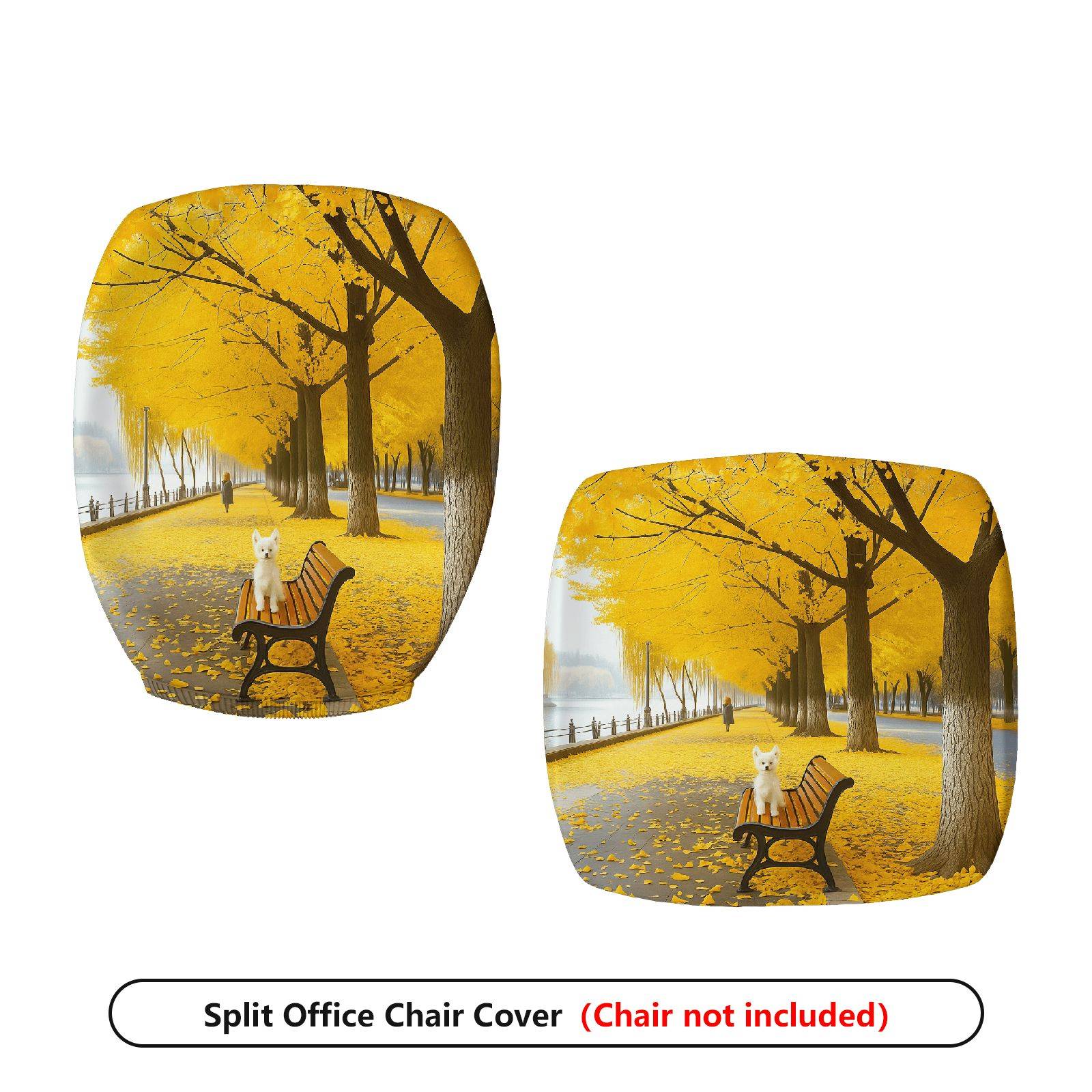 2-Piece Autumn Forest Yellow Tree Dog Theme  Computer Chair Cover Set, Seat and Backrest