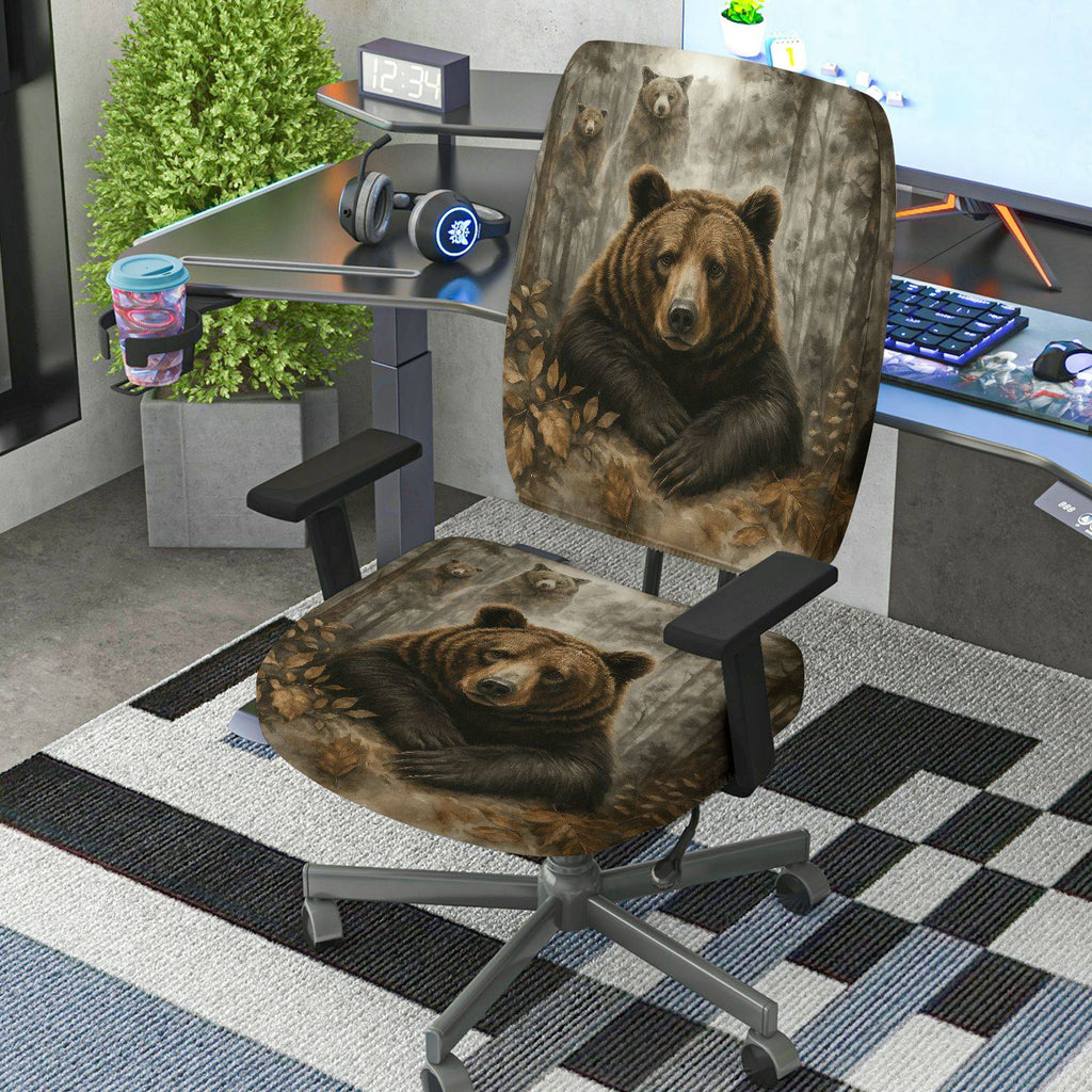 2-Piece Animal Forest Bear Nature Design  Computer Chair Cover Set, Seat and Backrest