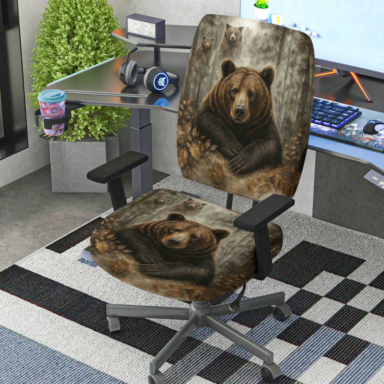 2-Piece Animal Forest Bear Nature Design  Computer Chair Cover Set, Seat and Backrest