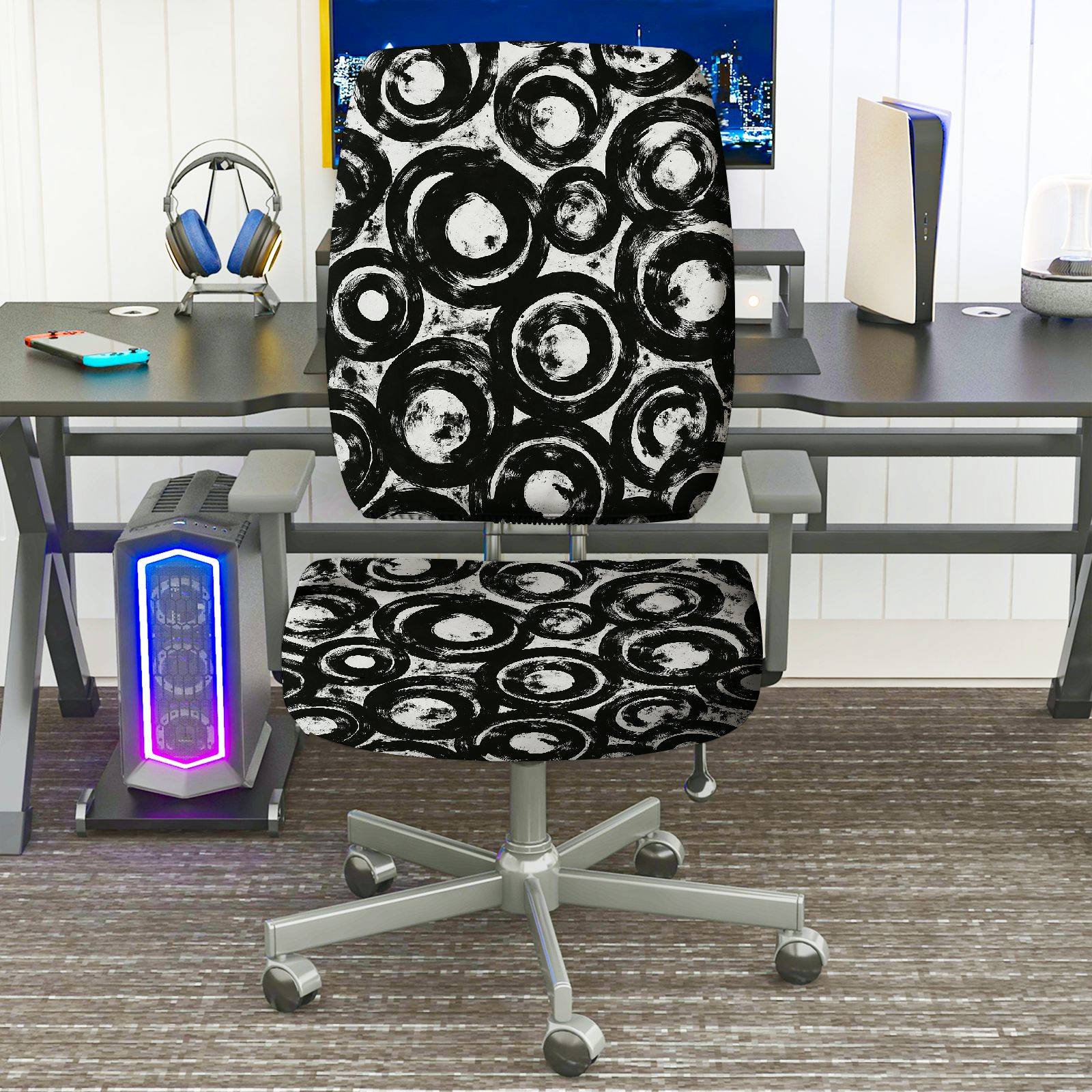 2-Piece Abstract Art Black White Circles  Computer Chair Cover Set, Seat and Backrest
