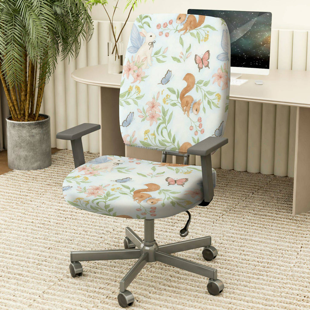 2-Piece Animal Floral Butterfly Squirrel Rabbit Spring  Computer Chair Cover Set, Seat and Backrest
