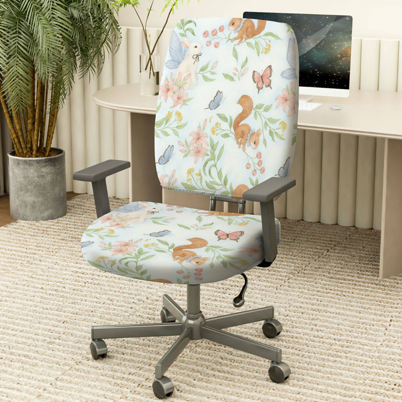 2-Piece Animal Floral Butterfly Squirrel Rabbit Spring  Computer Chair Cover Set, Seat and Backrest