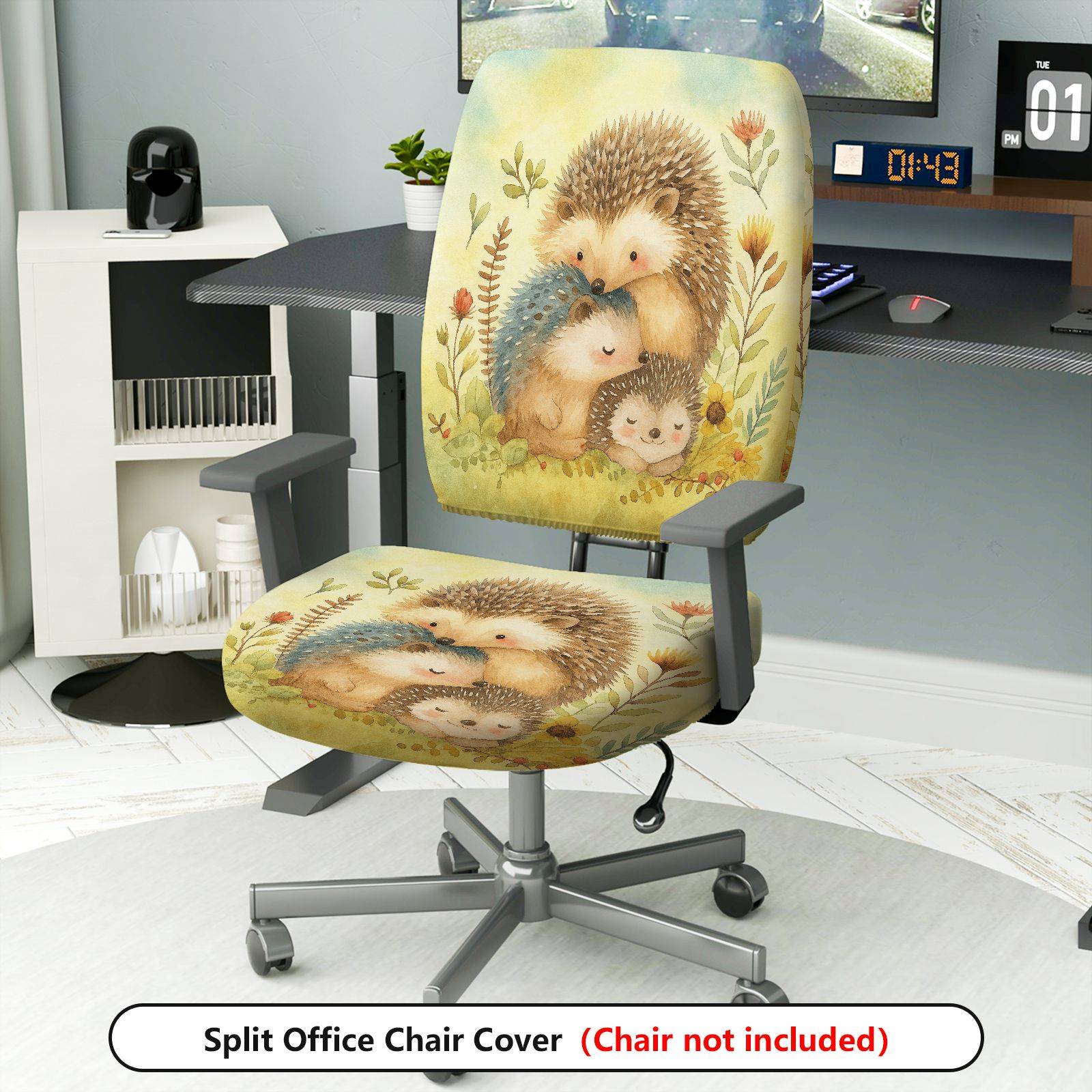 2-Piece Animal Pattern Cute Hedgehog Nature Floral  Computer Chair Cover Set, Seat and Backrest